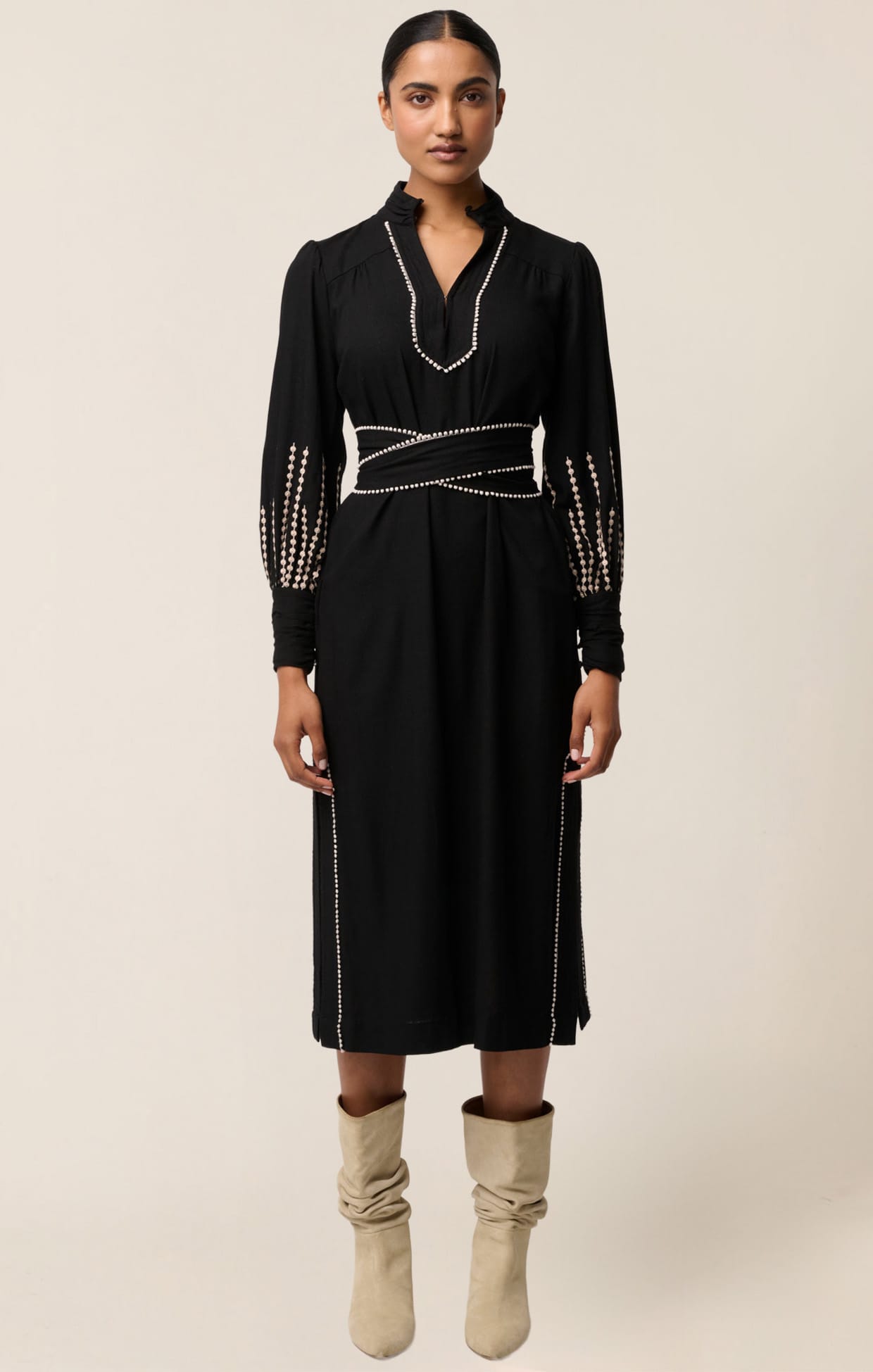 Edith Column Dress in Black By Once Was | Embroidered Midi Dress