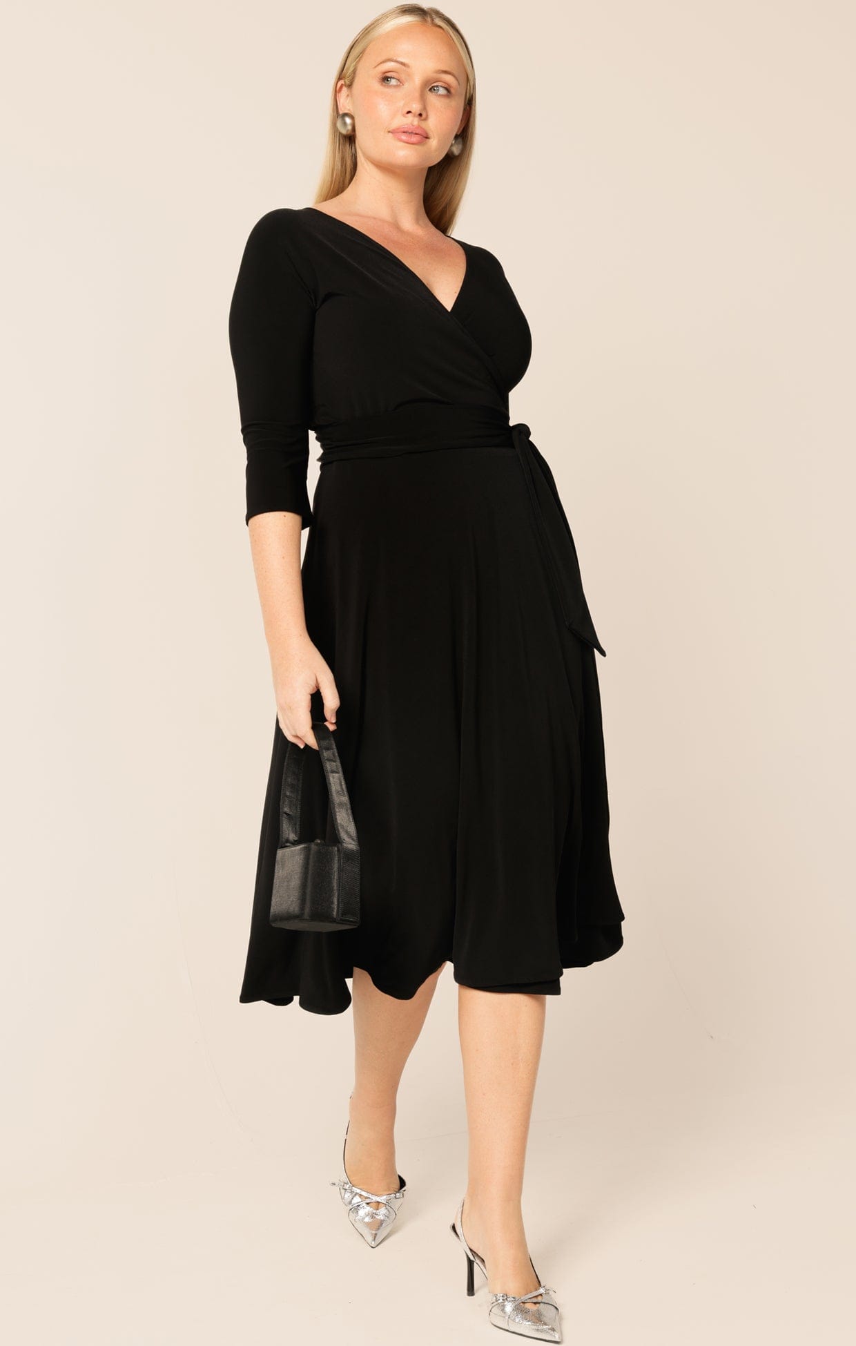 Dresses 3/4 SLEEVE REVERSE WRAP MIDI DRESS IN BLACK