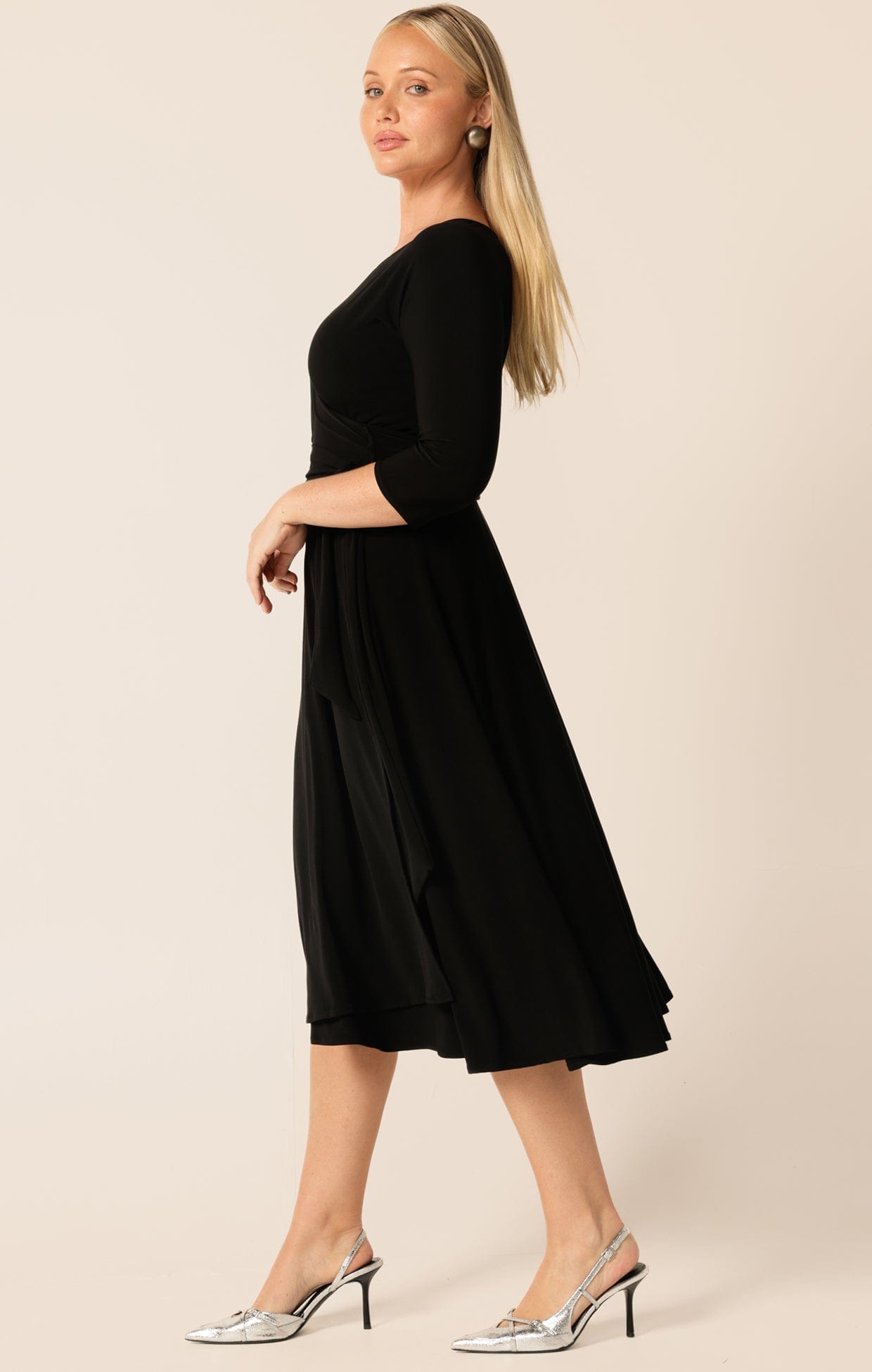 Dresses 3/4 SLEEVE REVERSE WRAP MIDI DRESS IN BLACK