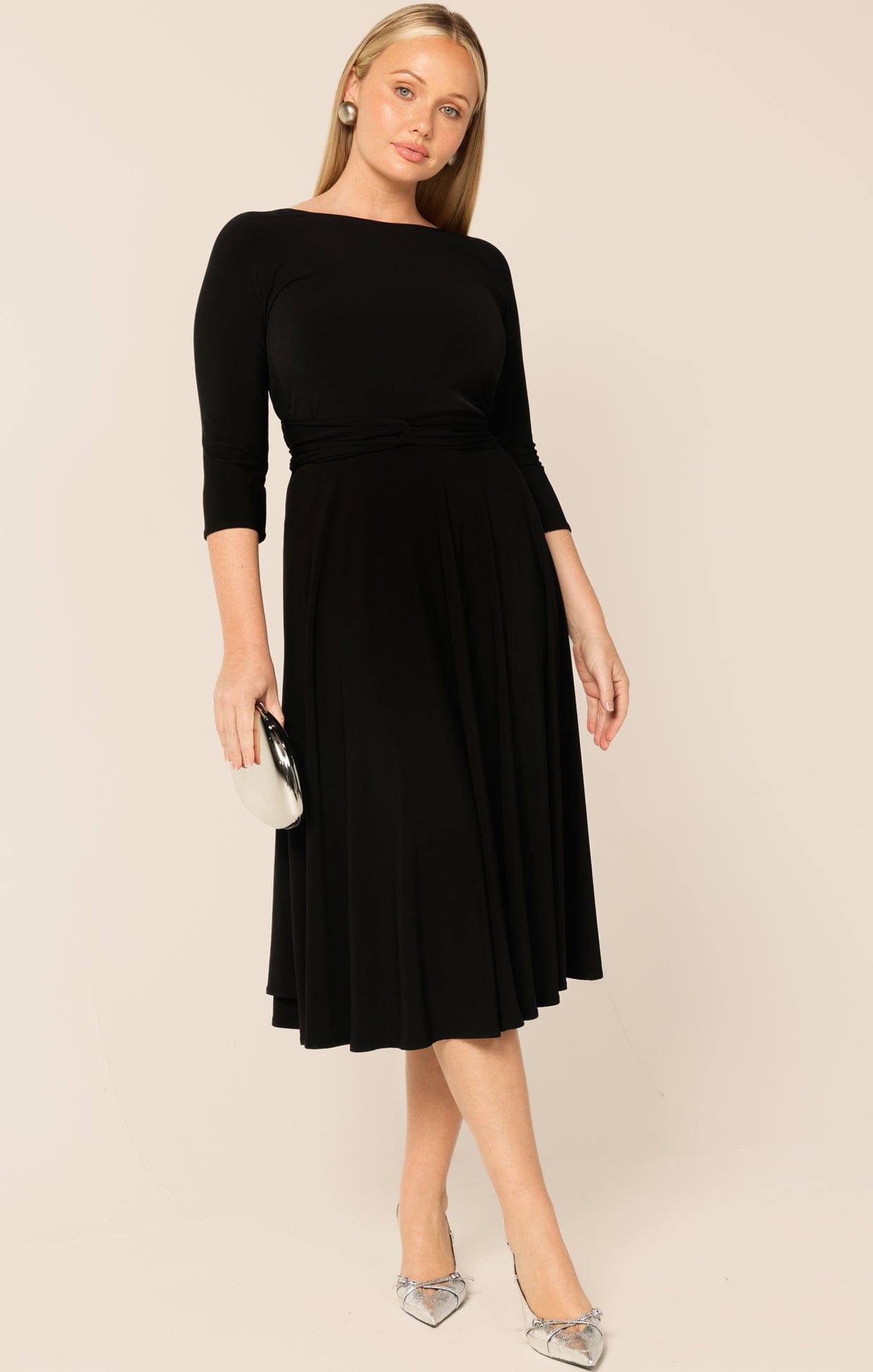 Dresses 3/4 SLEEVE REVERSE WRAP MIDI DRESS IN BLACK