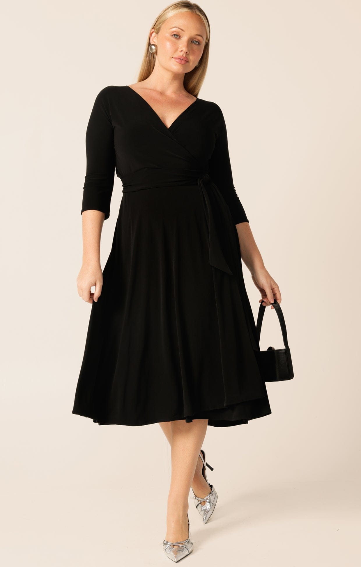 Dresses 3/4 SLEEVE REVERSE WRAP MIDI DRESS IN BLACK