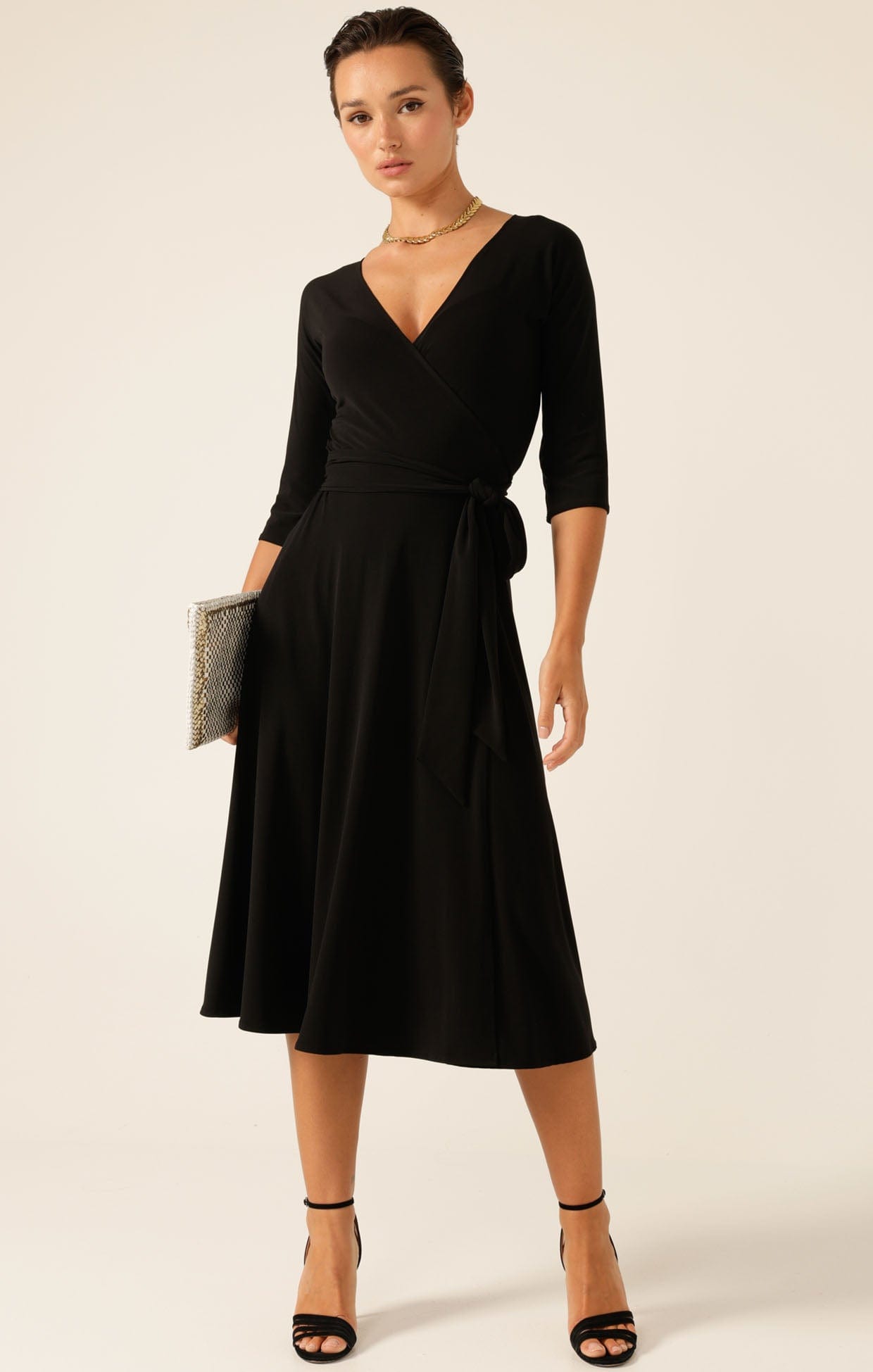 Dresses 3/4 SLEEVE REVERSE WRAP MIDI DRESS IN BLACK