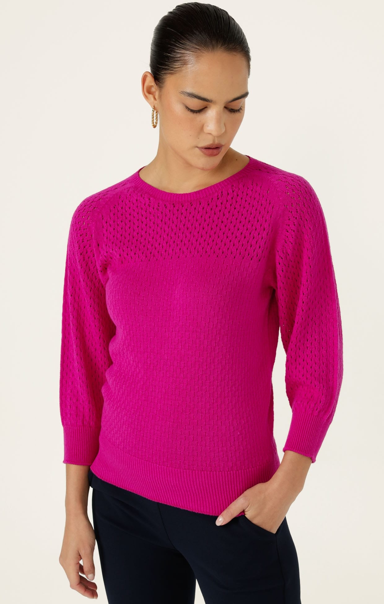 Knitwear 3/4 SLEEVE RIPPLE KNIT TOP IN FUSCHIA