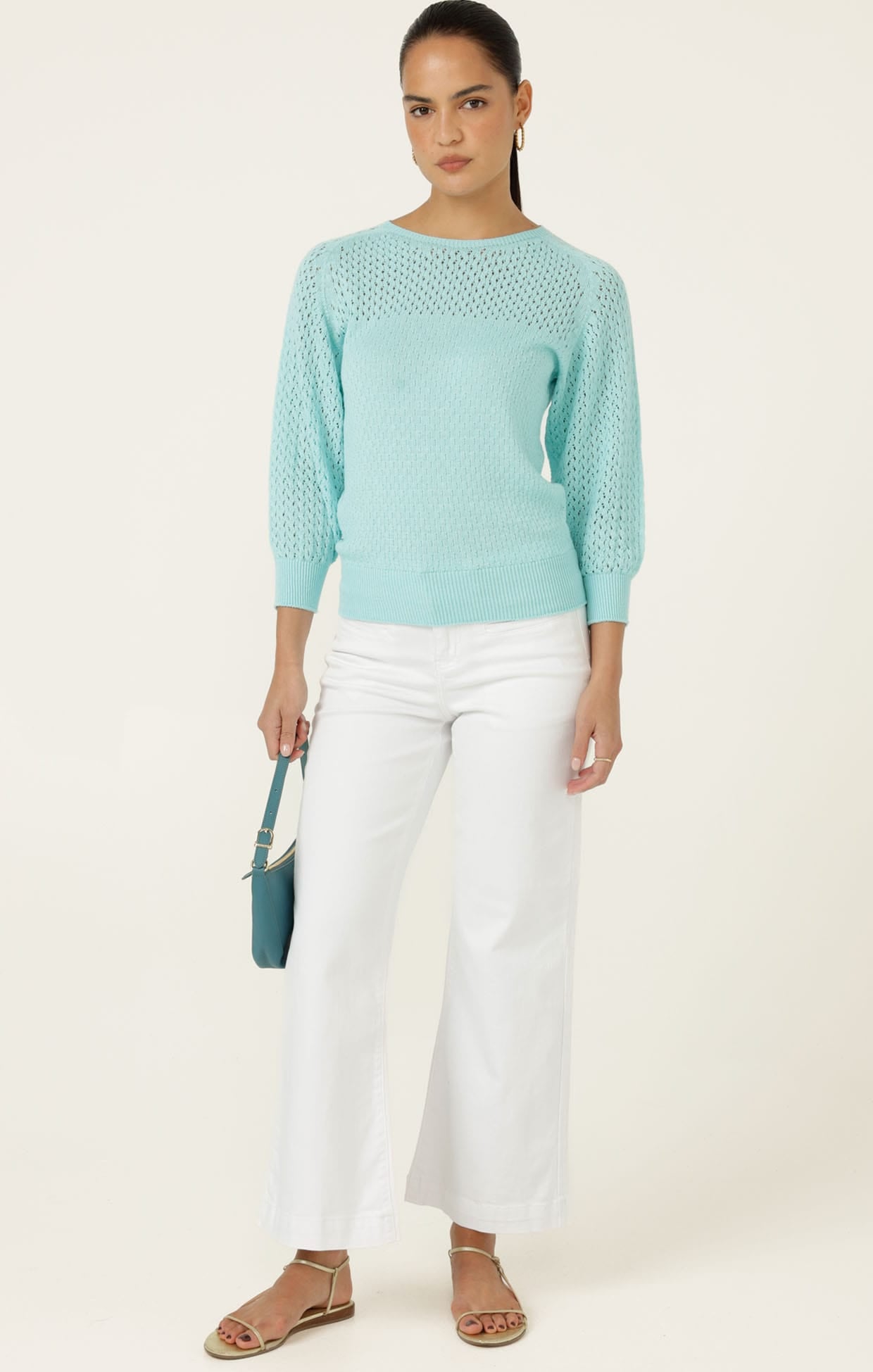 Knitwear 3/4 SLEEVE RIPPLE KNIT TOP IN AQUAMARINE