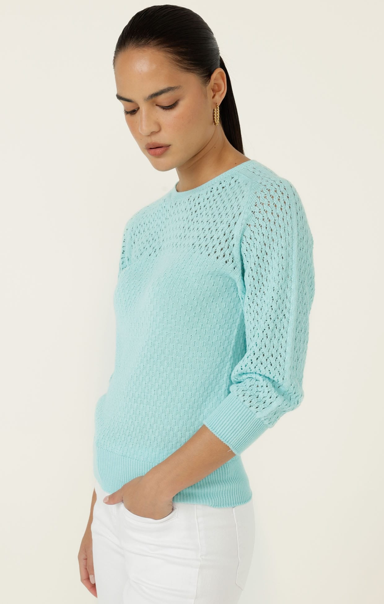 Knitwear 3/4 SLEEVE RIPPLE KNIT TOP IN AQUAMARINE