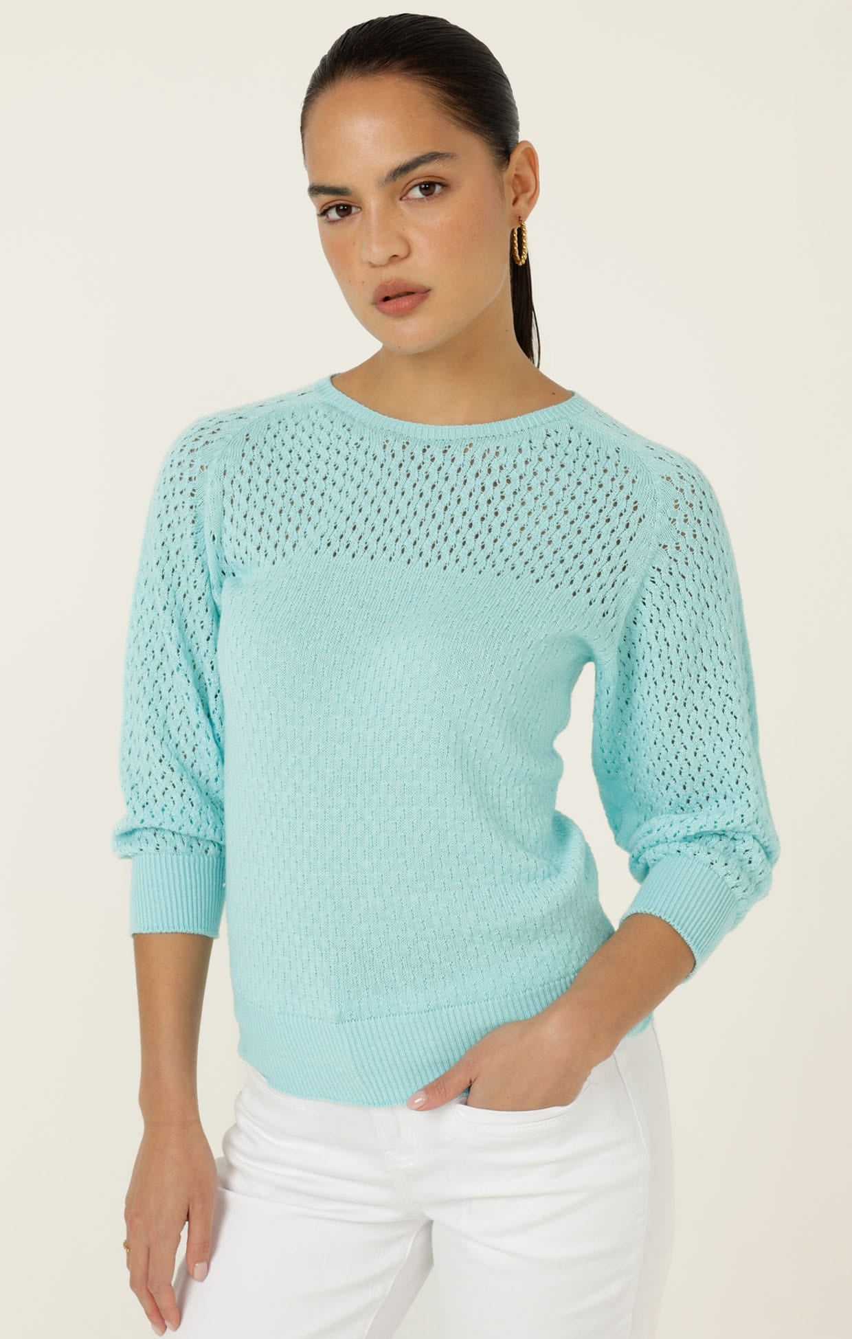 Knitwear 3/4 SLEEVE RIPPLE KNIT TOP IN AQUAMARINE