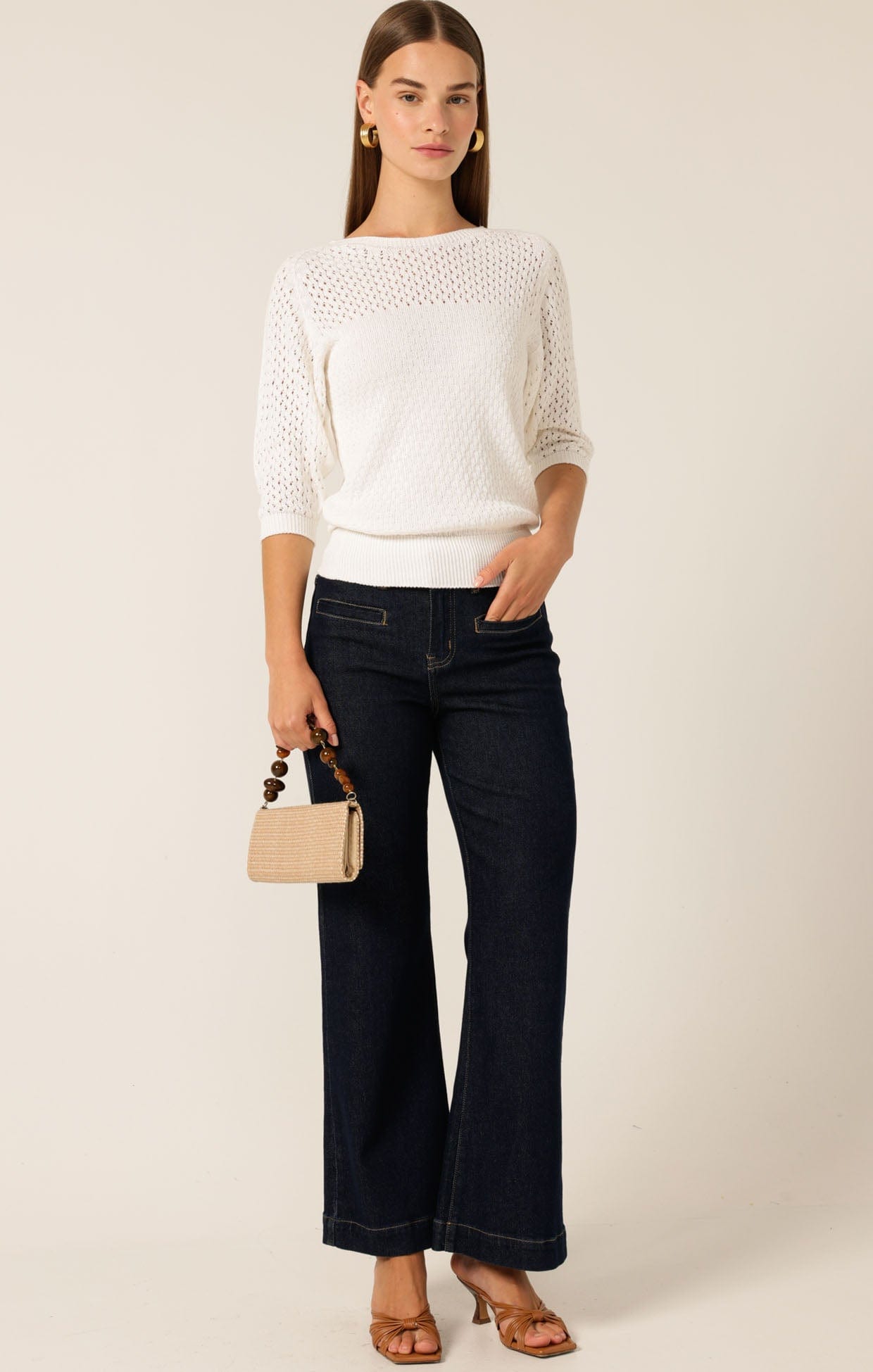Tops 3/4 SLEEVE RIPPLE KNIT TOP IN IVORY