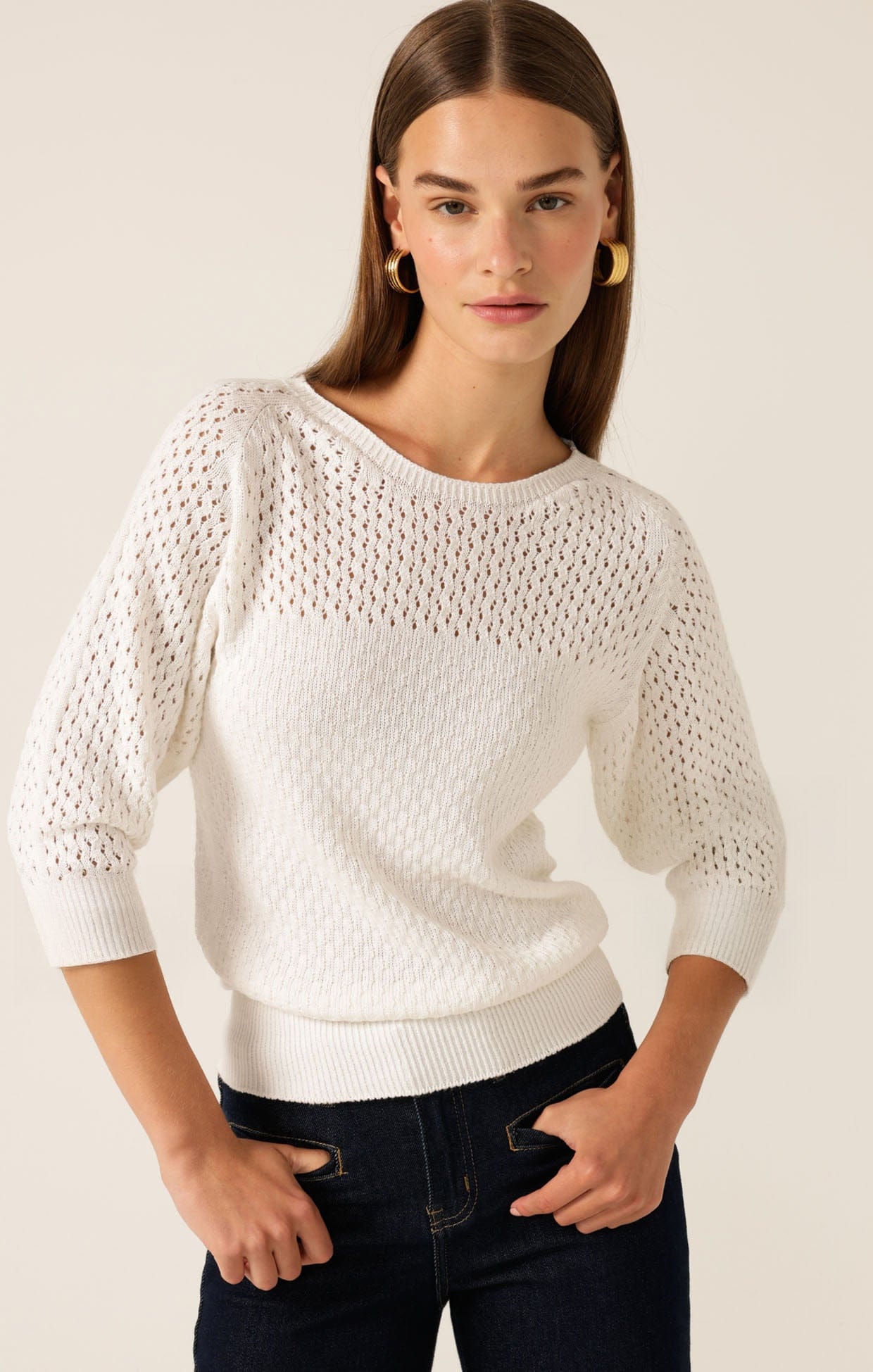 3-4 Sleeve Ripple Knit Stretch Top in Ivory - SACHA DRAKE
