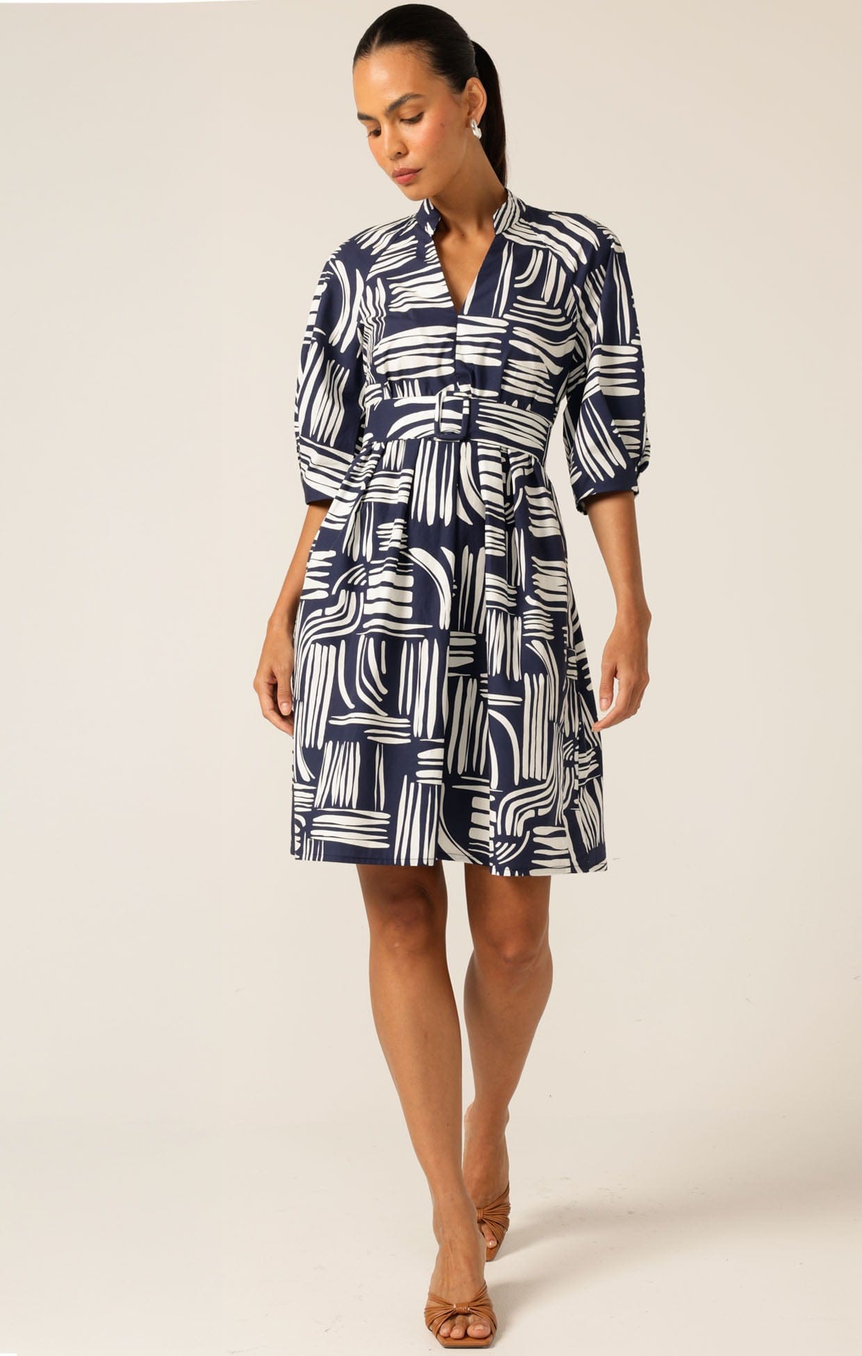 Adele Cotton Shift Dress in Navy White Abstract
