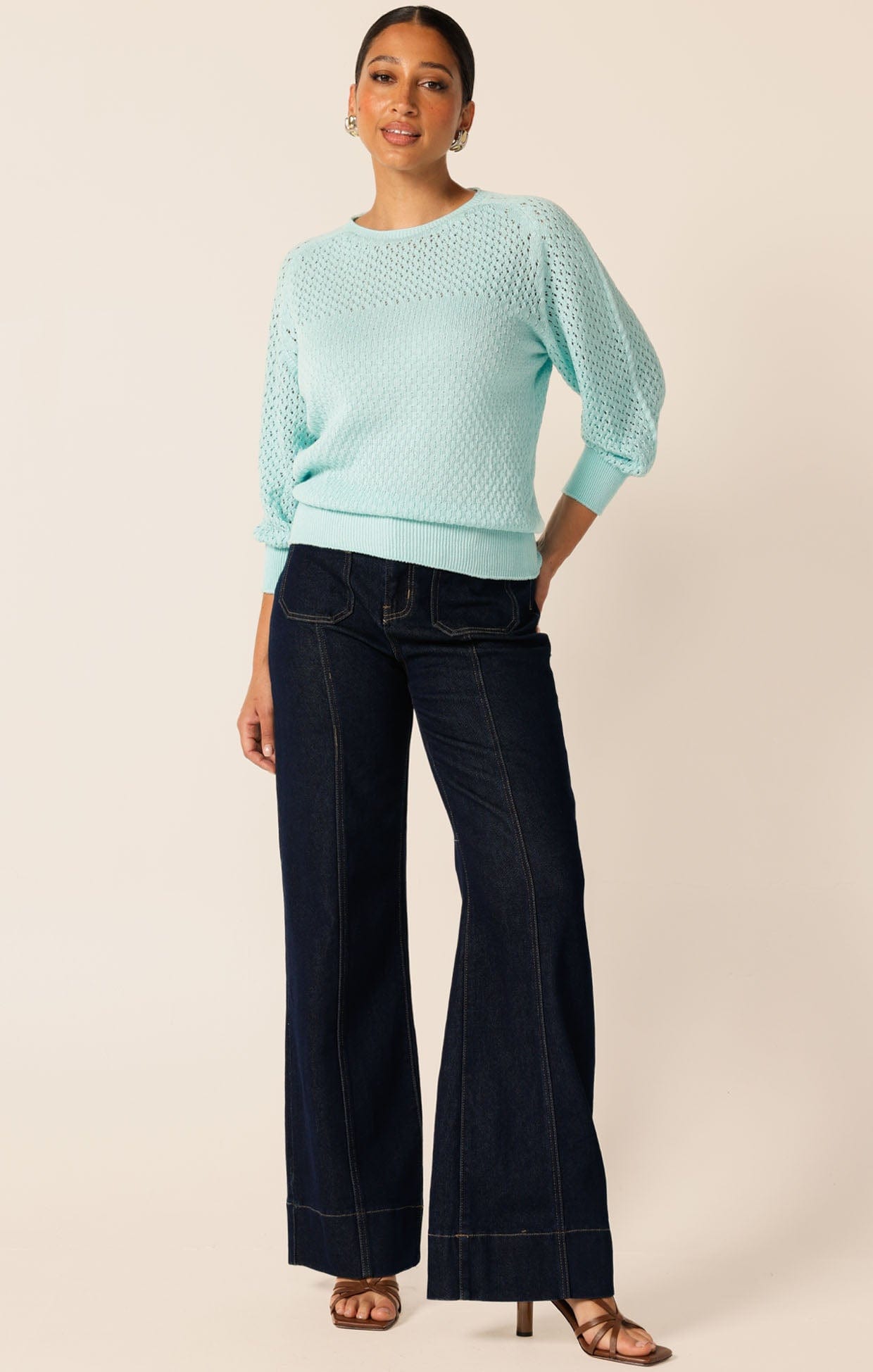 Knitwear 3/4 SLEEVE RIPPLE KNIT TOP IN SKY BLUE