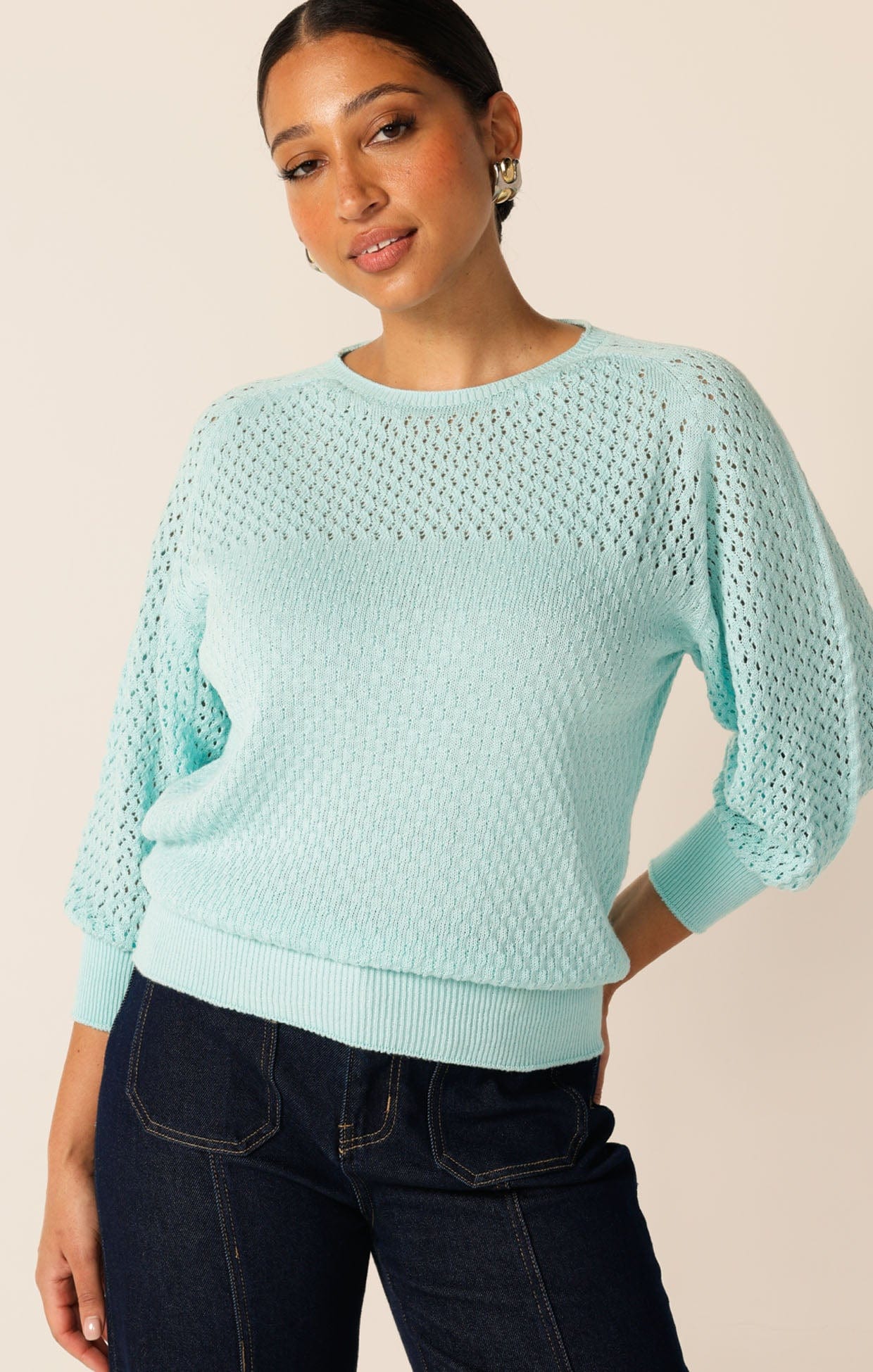 Knitwear 3/4 SLEEVE RIPPLE KNIT TOP IN SKY BLUE