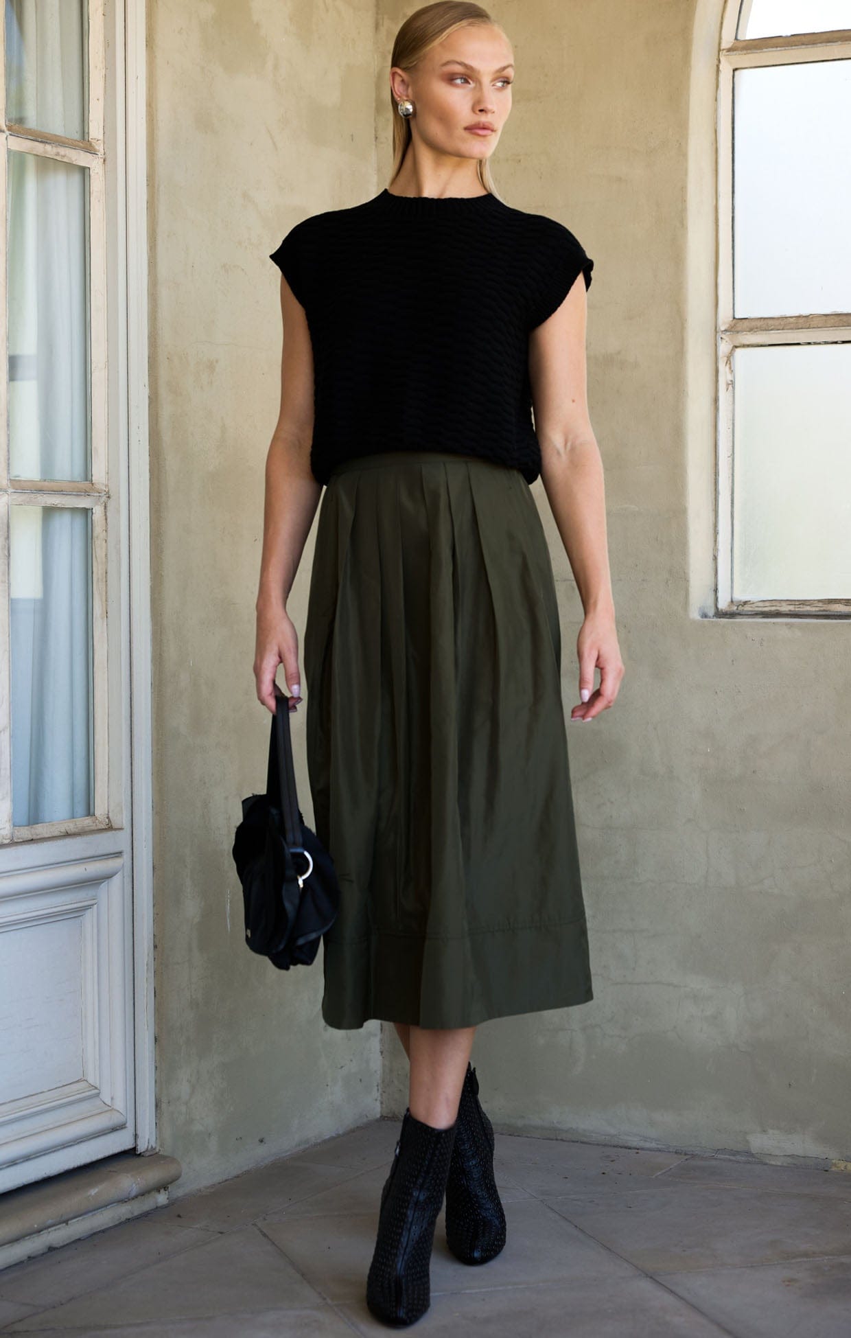 Skirts Multi Occasion PLEATED A-LINE SKIRT IN OLIVE
