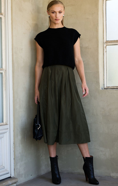 Skirts Multi Occasion PLEATED A-LINE SKIRT IN OLIVE