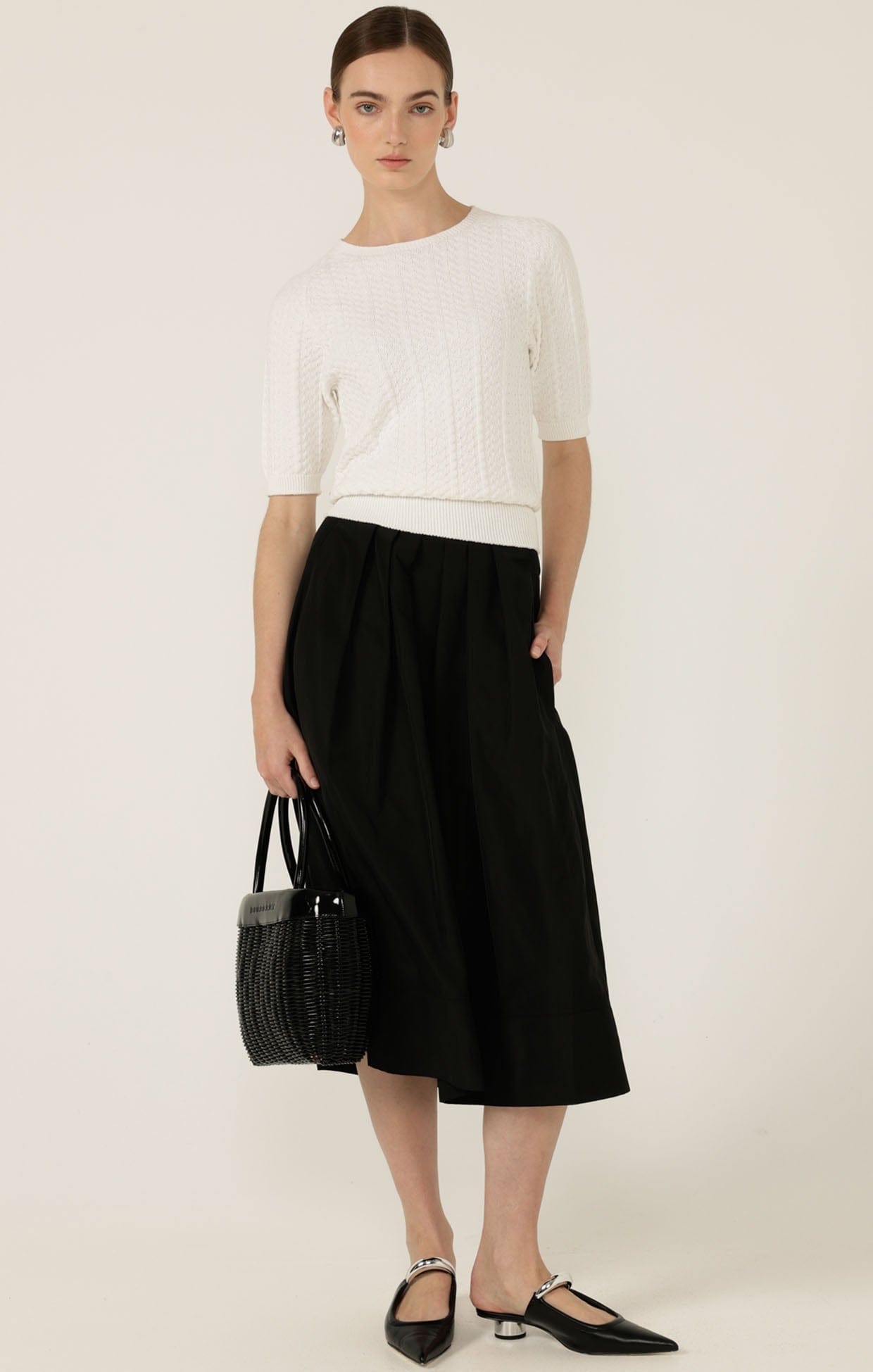Pleated Black A-line Work Skirt | Fitted Waist with Elastic Back Skirt