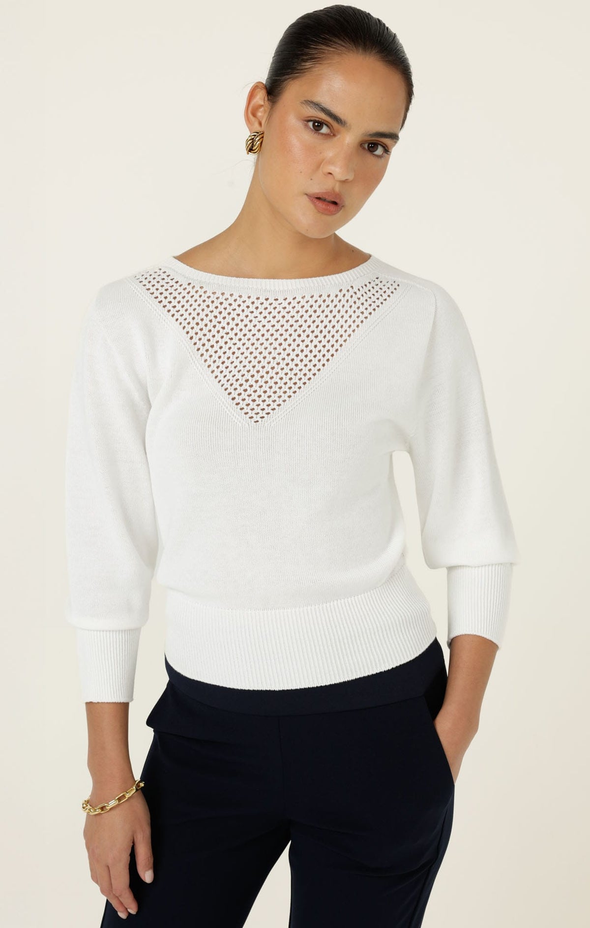 Knitwear CHLOE 3/4 SLEEVE KNIT TOP IN WHITE