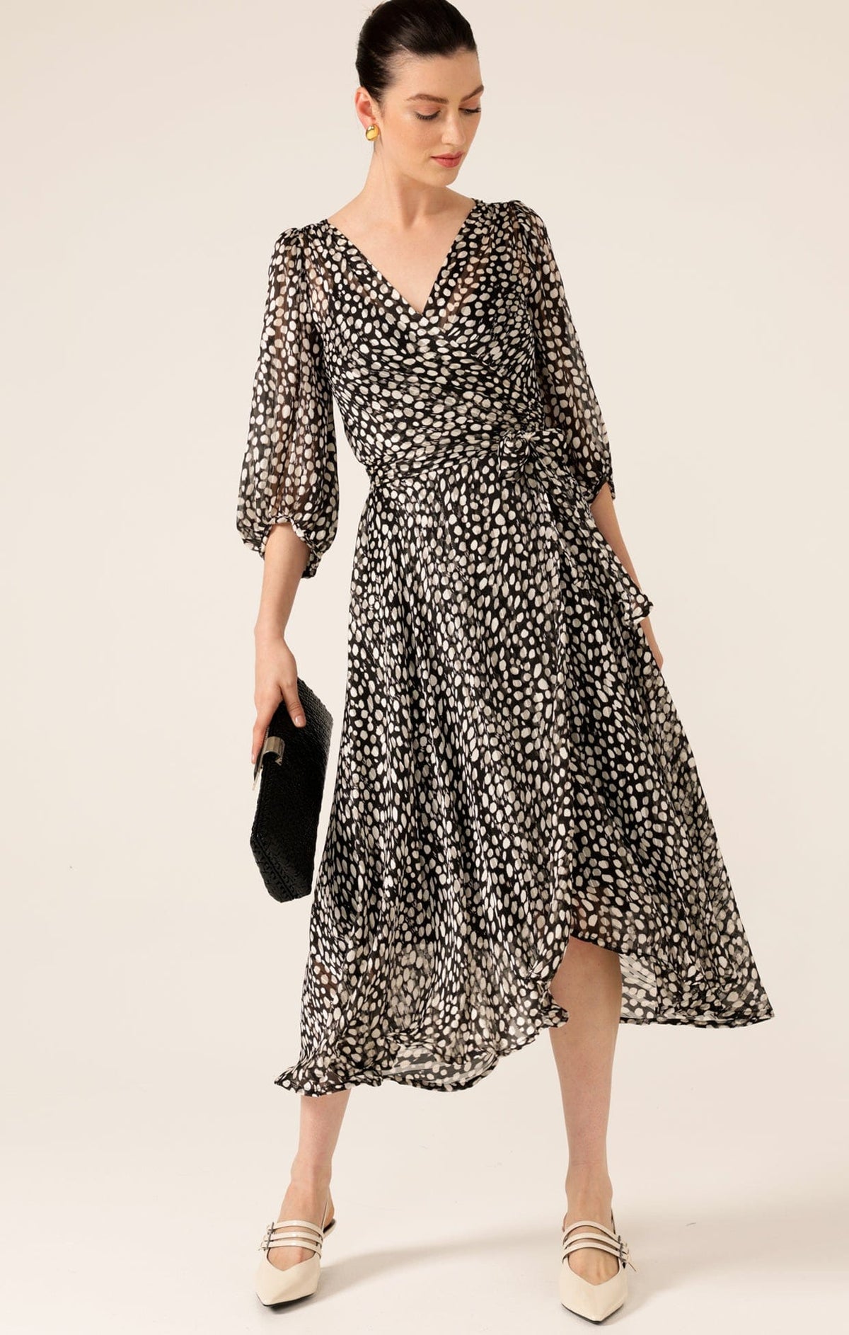 Dresses CLOUDLAND WRAP DRESS IN BLACK WHITE SPOT