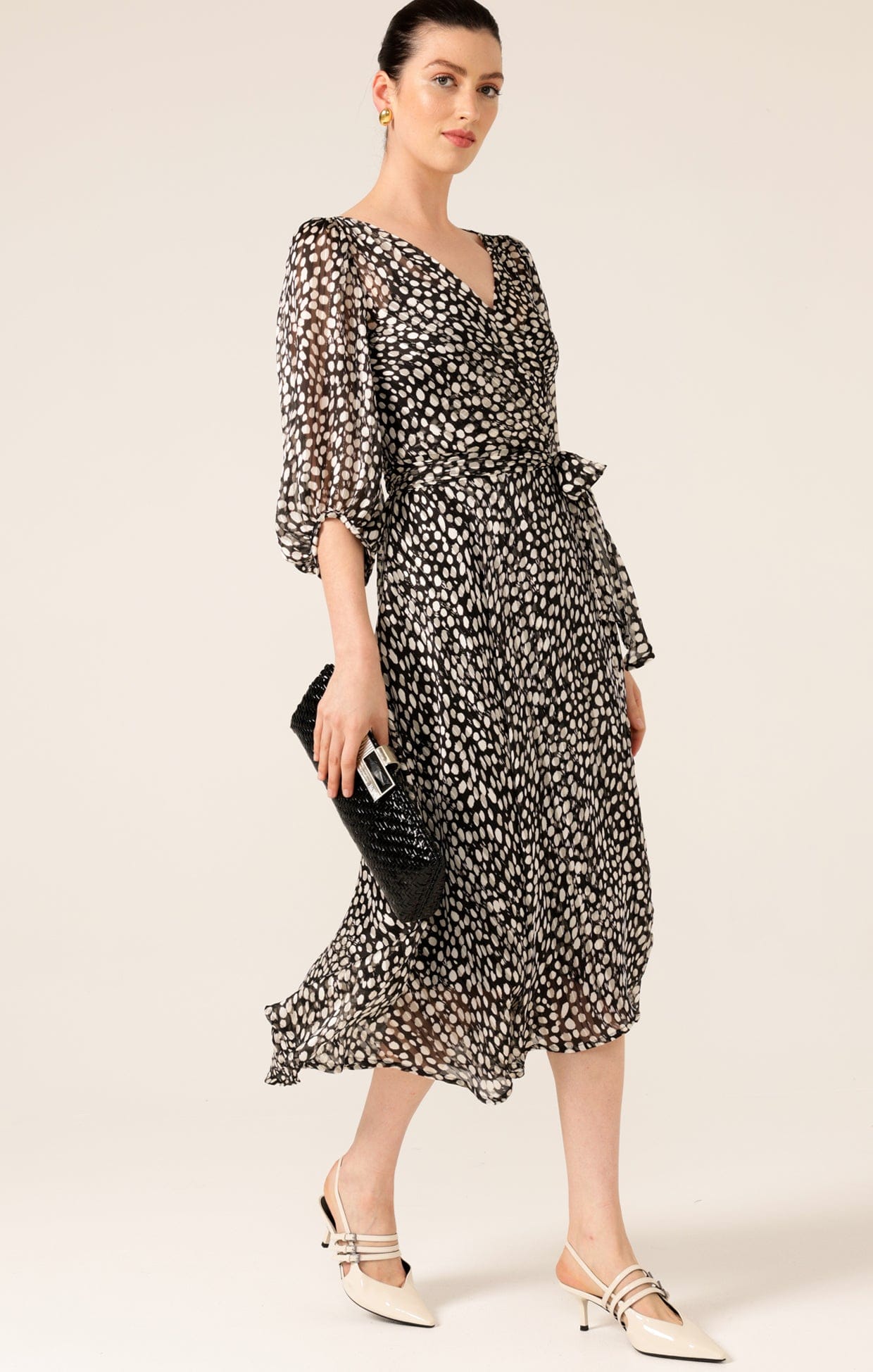 Dresses CLOUDLAND WRAP DRESS IN BLACK WHITE SPOT