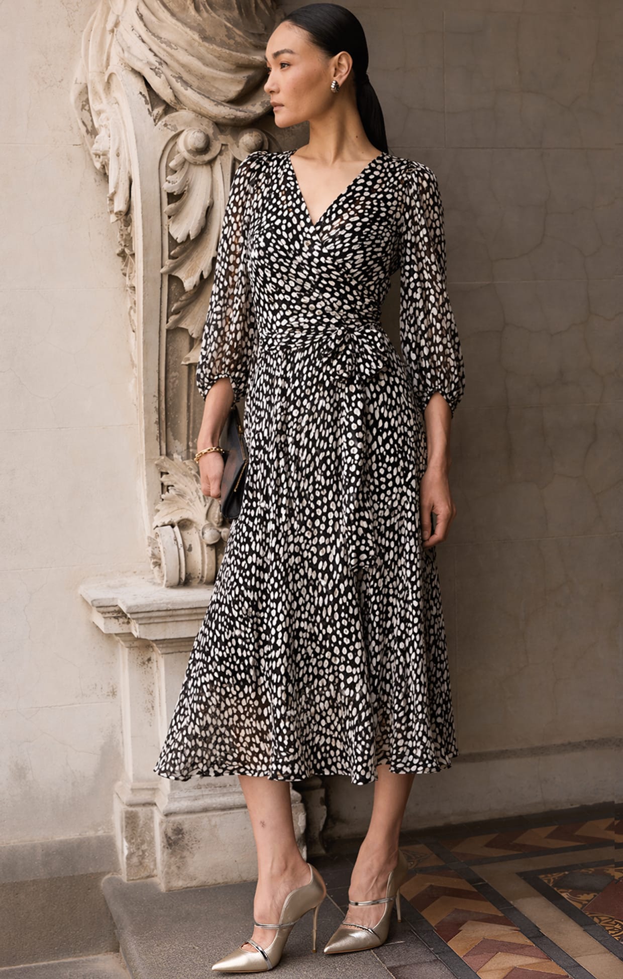Dresses Events CLOUDLAND WRAP DRESS IN BLACK WHITE SPOT