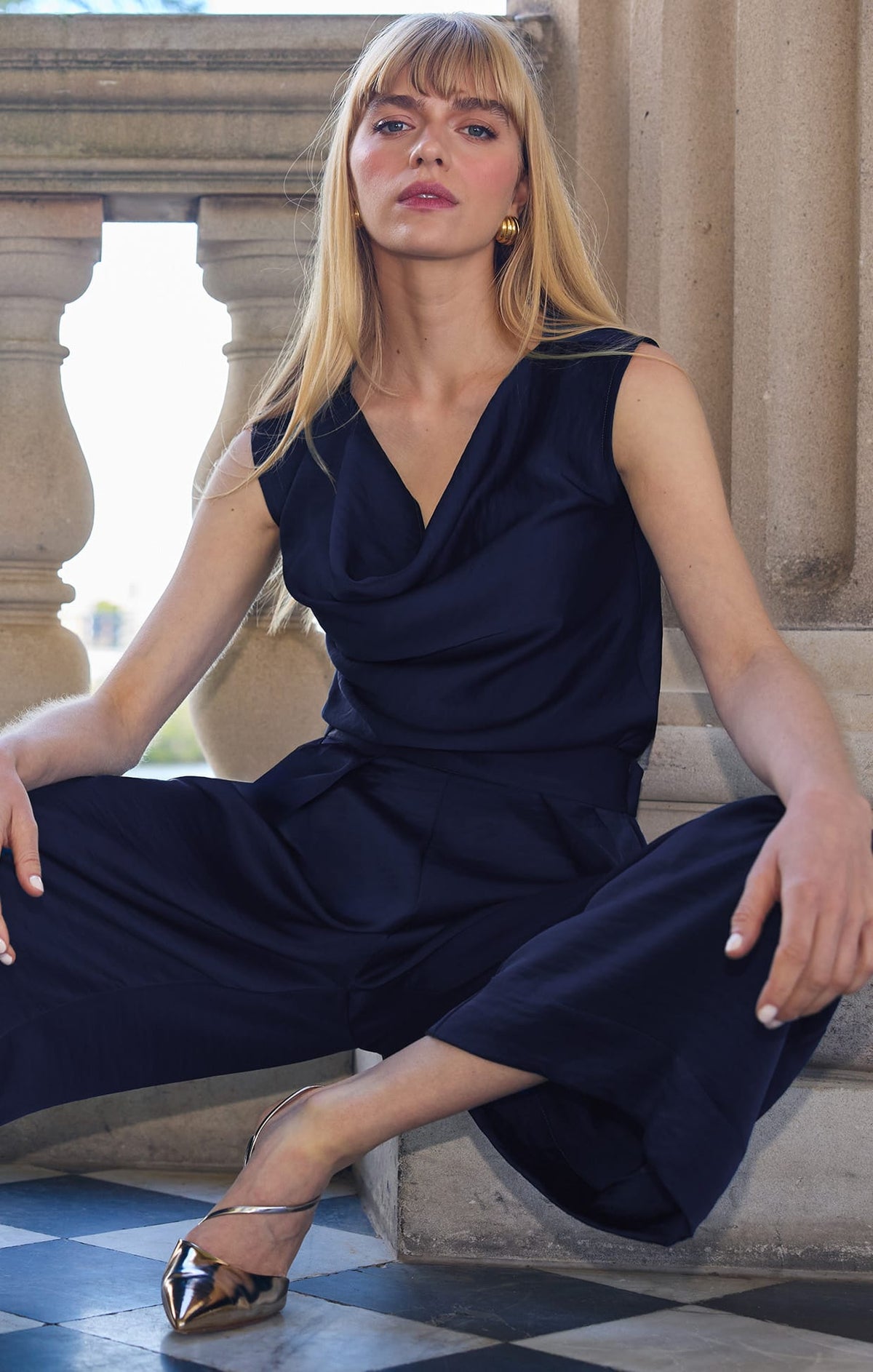 Tops Multi Occasion LUXE COWL BIAS TOP IN NAVY