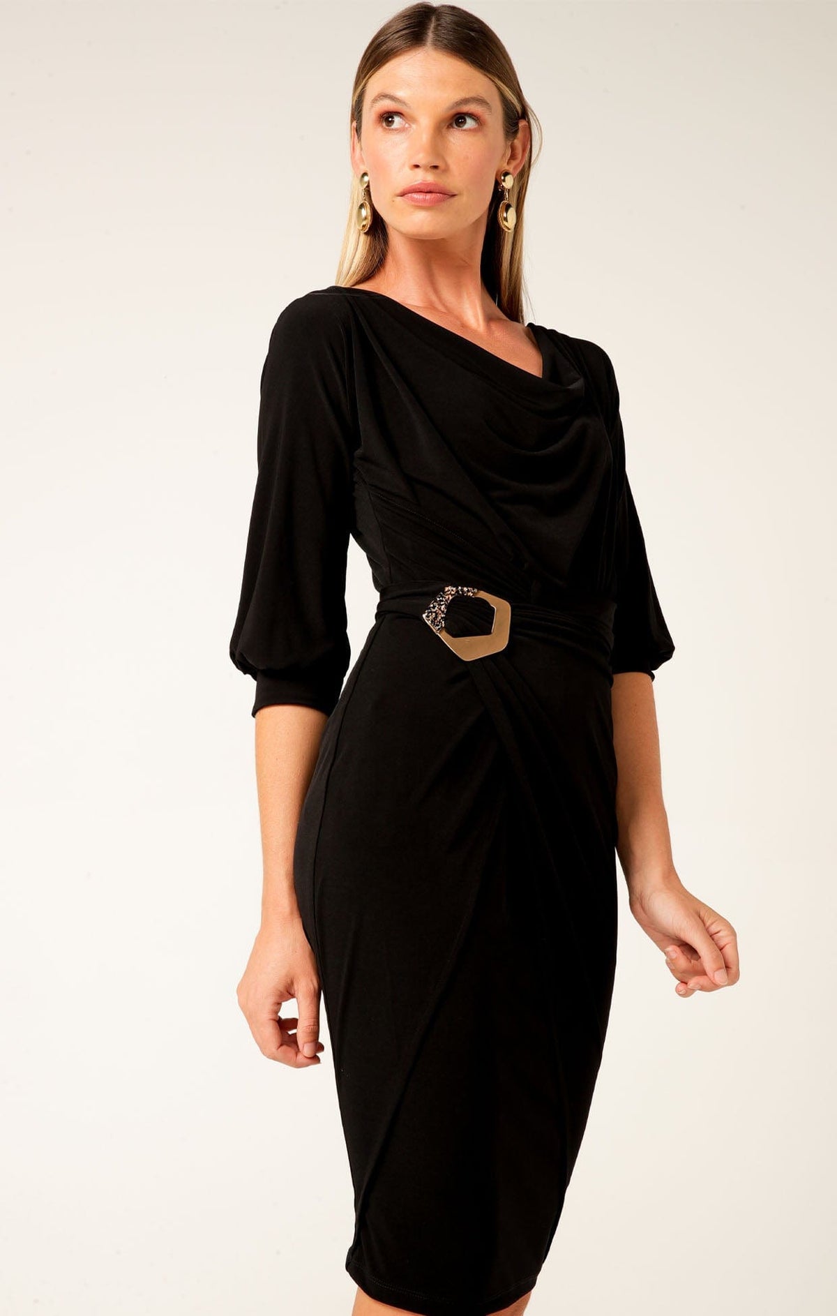 Dresses Multi Occasion COWL TIE DRAPE DRESS IN BLACK