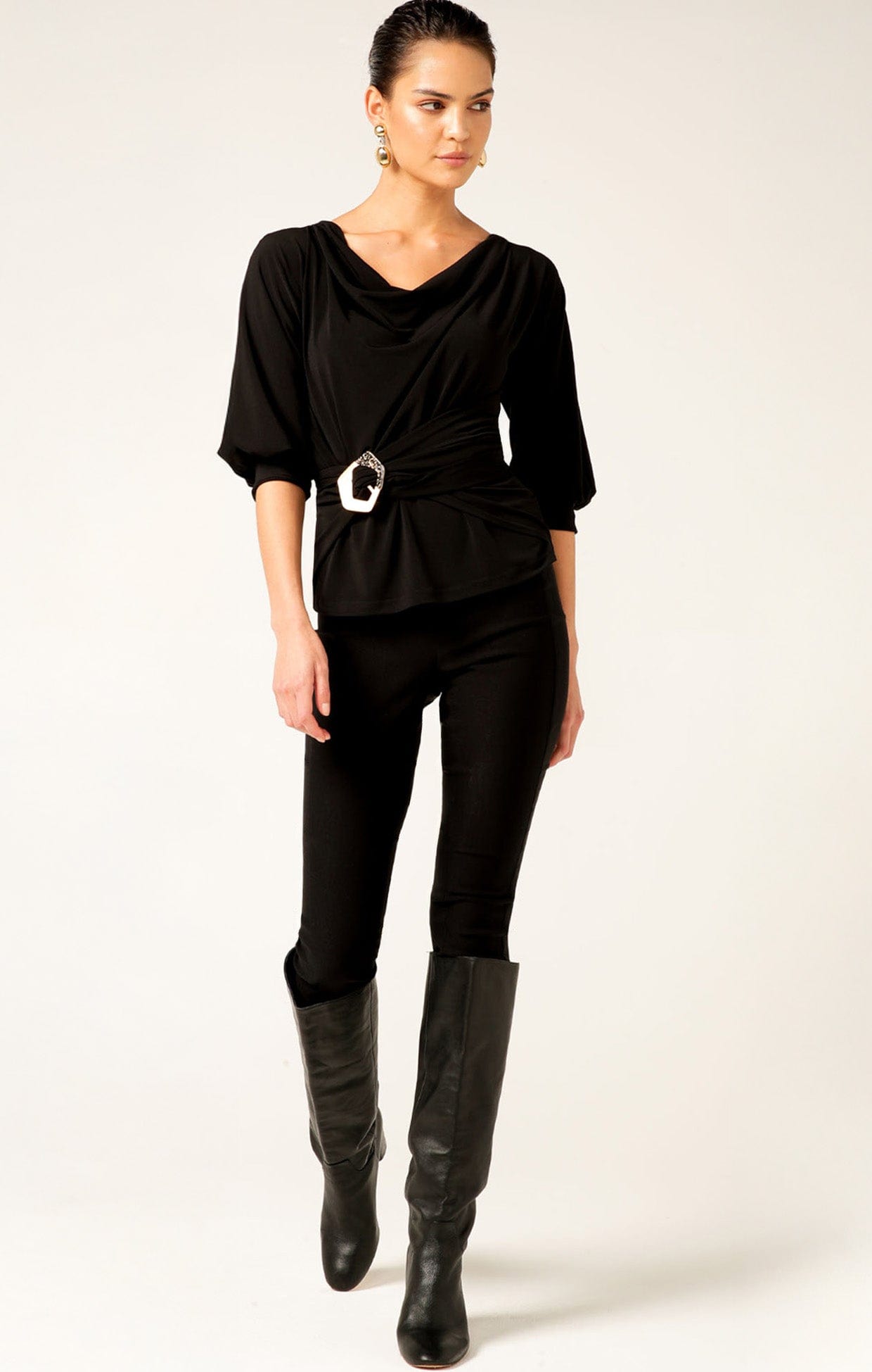 Tops Multi Occasion COWL TIE DRAPE TOP IN BLACK