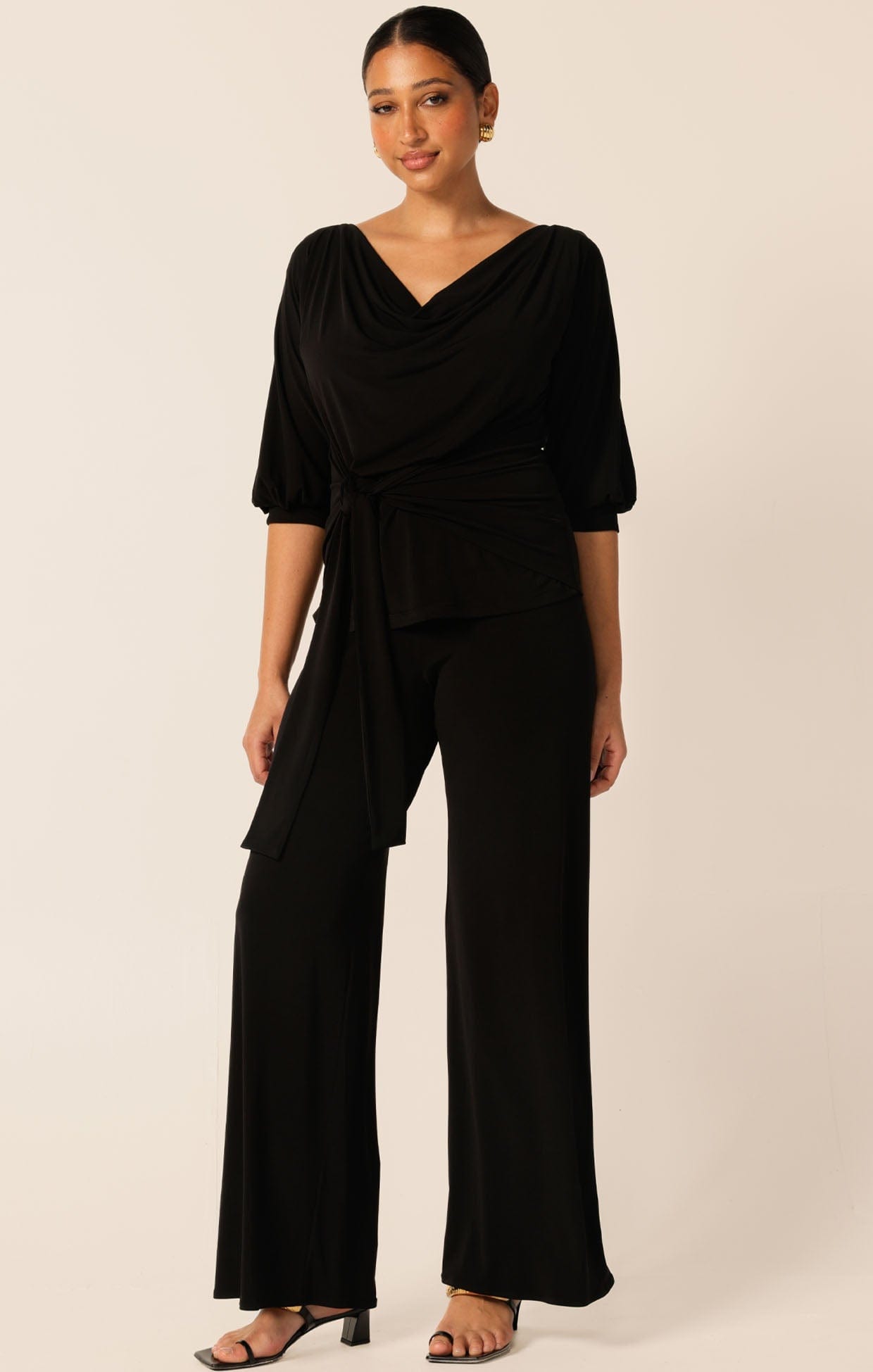 Tops Multi Occasion COWL TIE DRAPE TOP IN BLACK