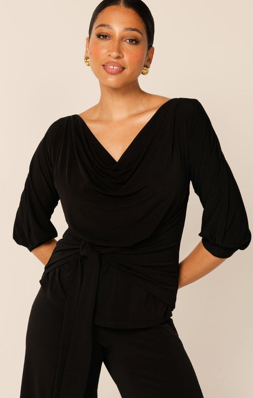 Tops Multi Occasion COWL TIE DRAPE TOP IN BLACK