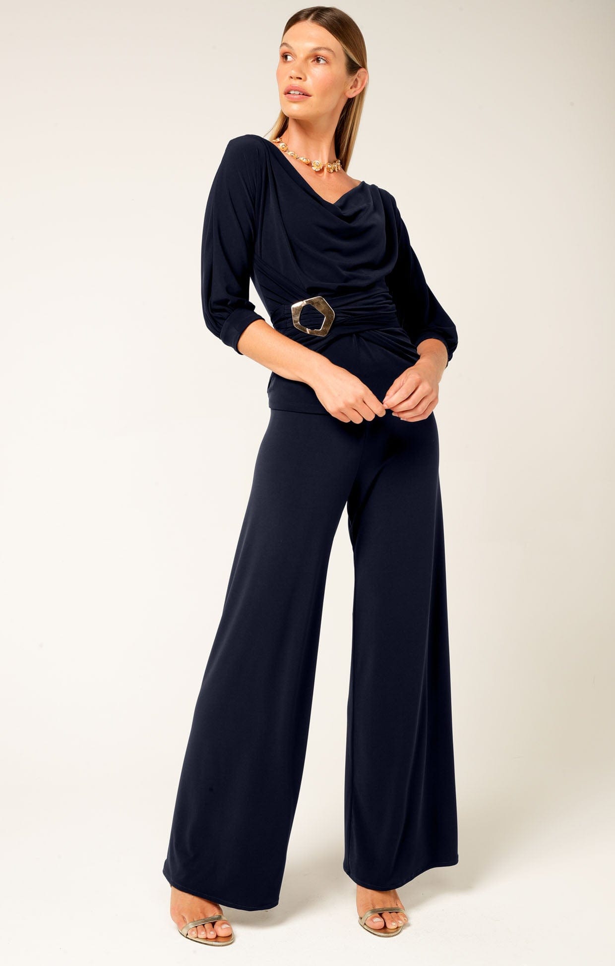 Tops Multi Occasion COWL TIE DRAPE TOP IN NAVY