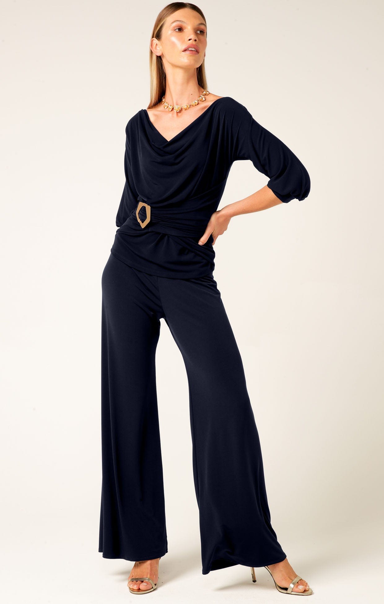Tops Multi Occasion COWL TIE DRAPE TOP IN NAVY