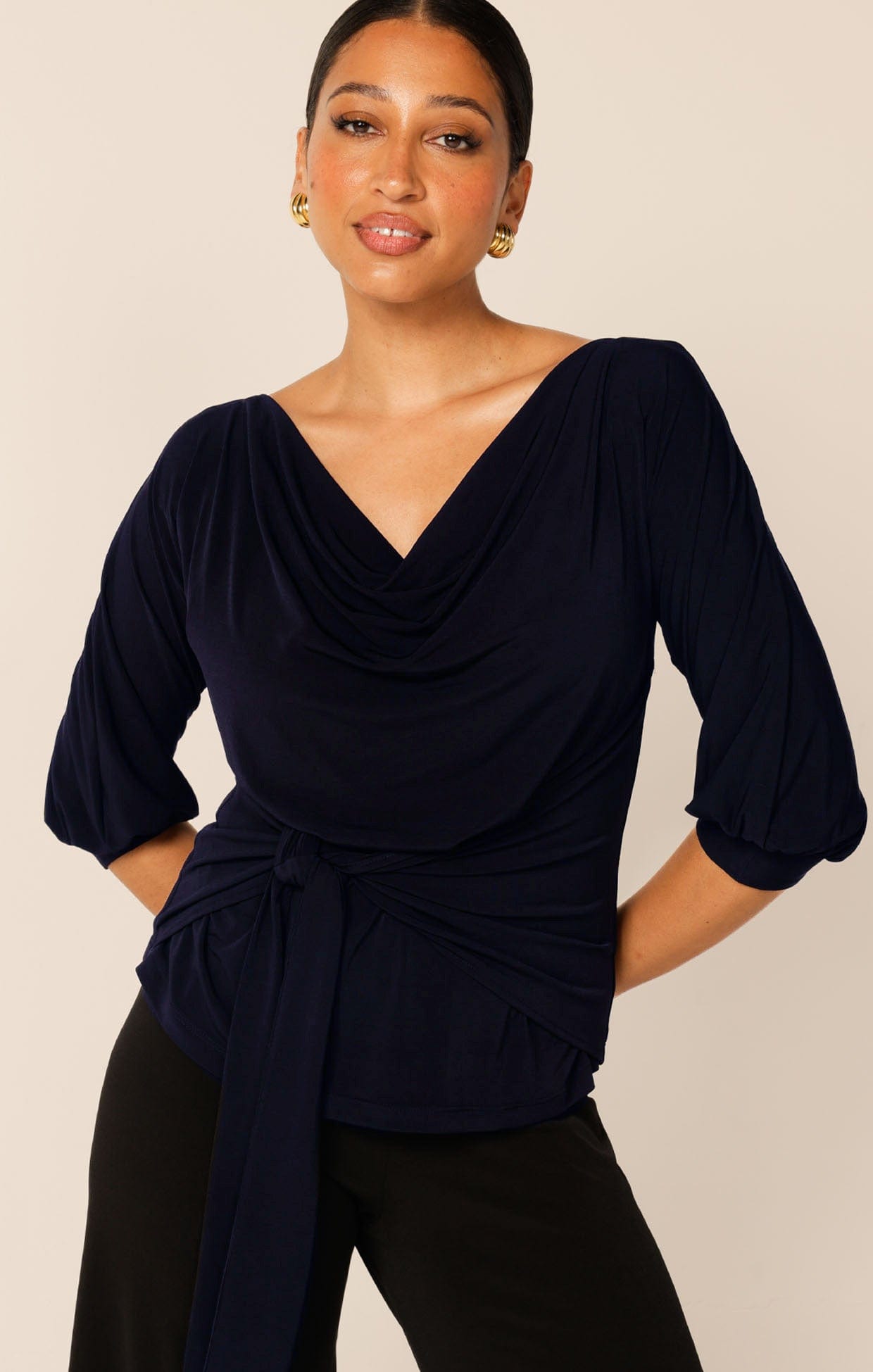 Tops Multi Occasion COWL TIE DRAPE TOP IN NAVY