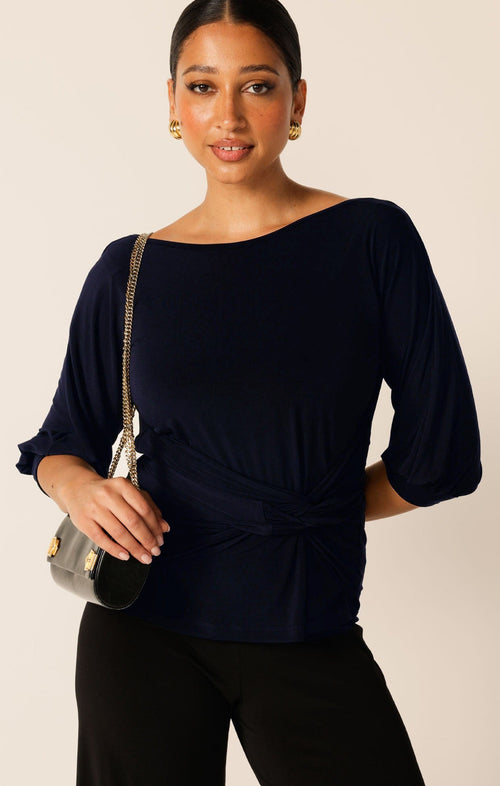 Tops Multi Occasion COWL TIE DRAPE TOP IN NAVY