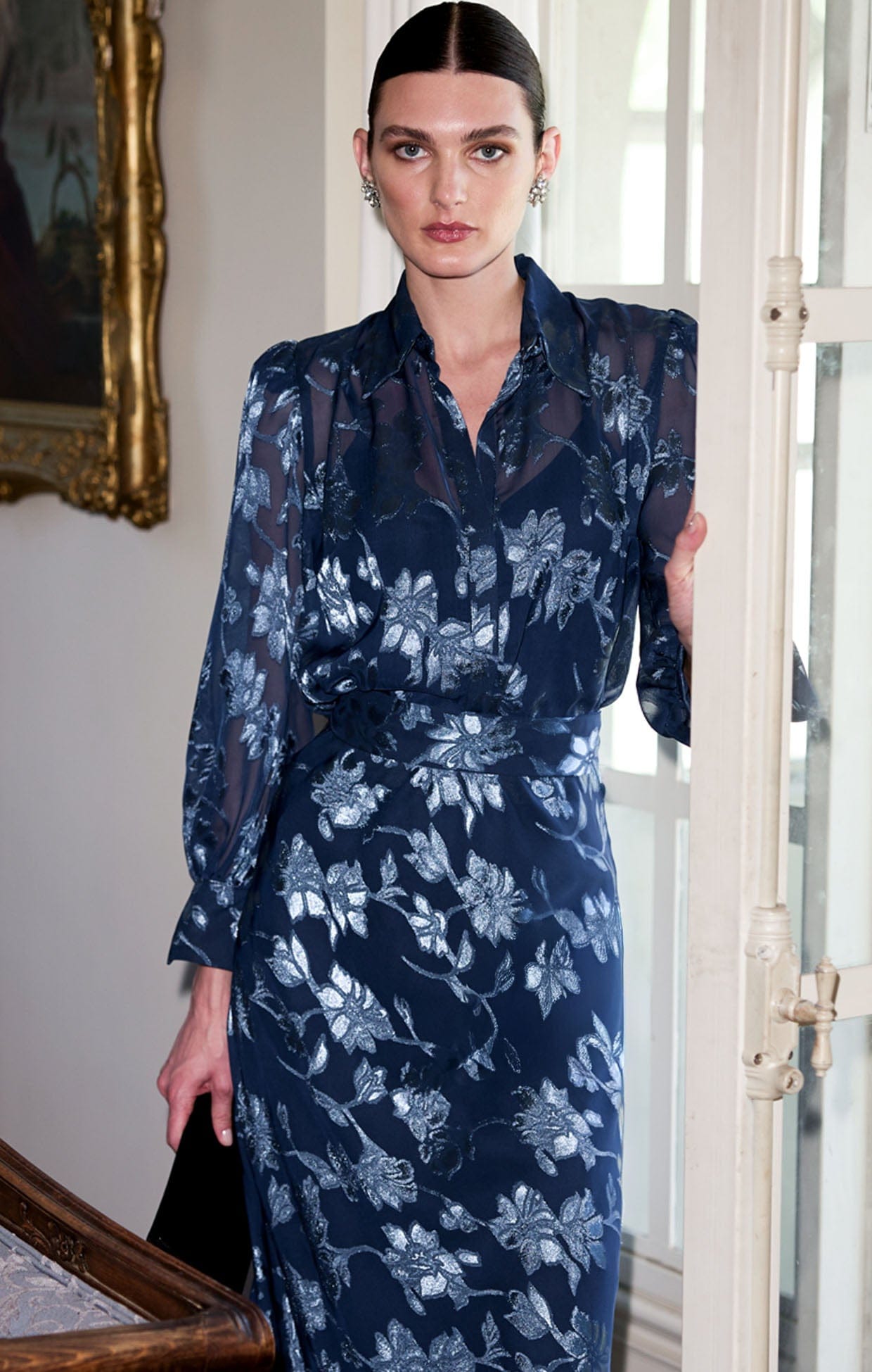 Elphine Metallic Blouse in Navy Blue | Printed Events Top