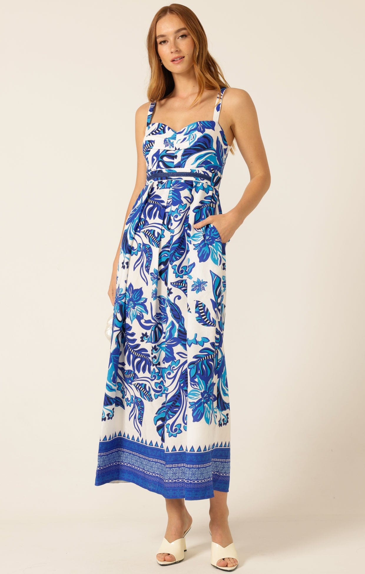 Euro Summer Printed Linen Maxi Dress in Blue White