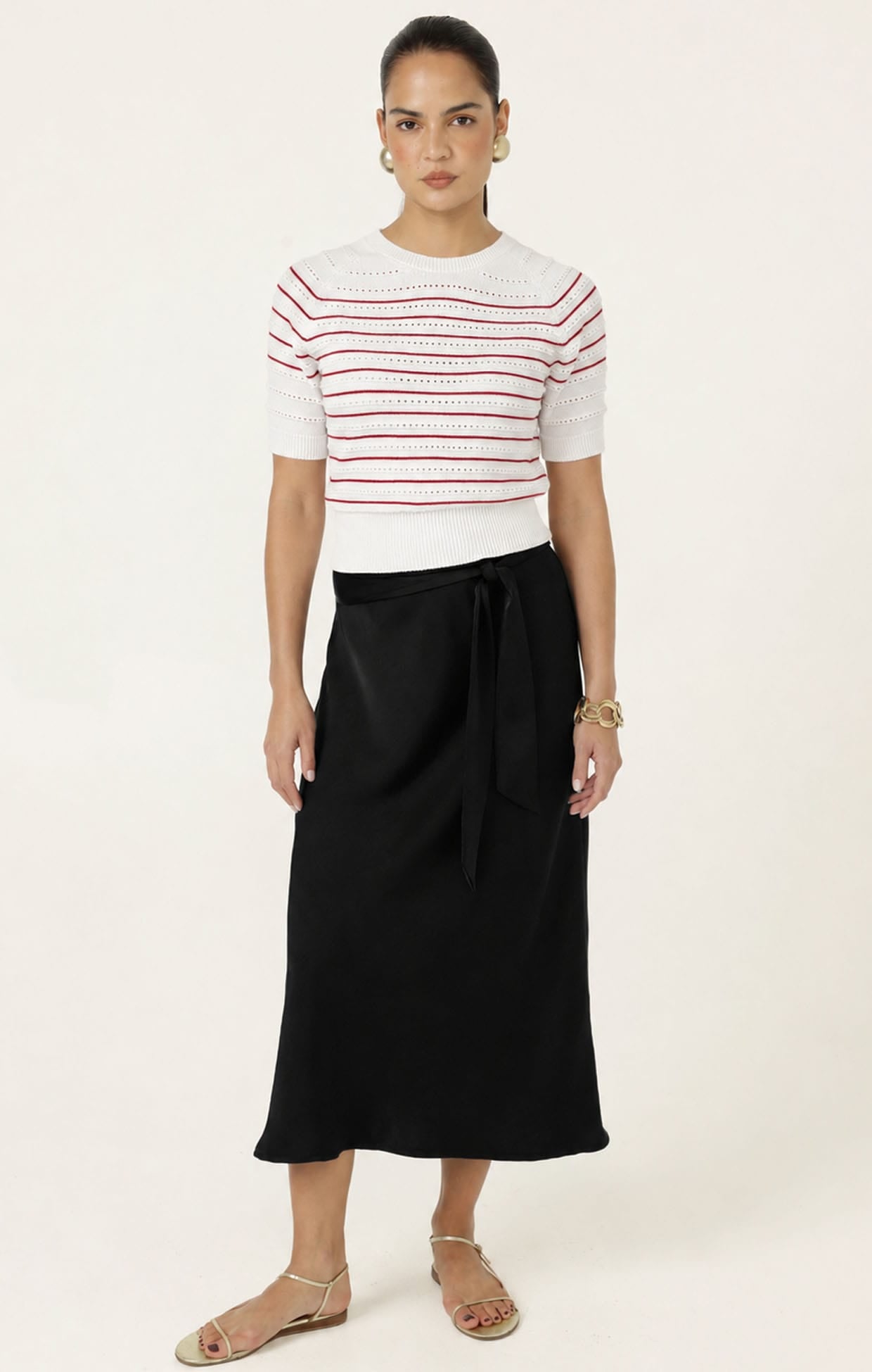 Knitwear EYELET STRIPE KNIT TOP IN WHITE AND RED