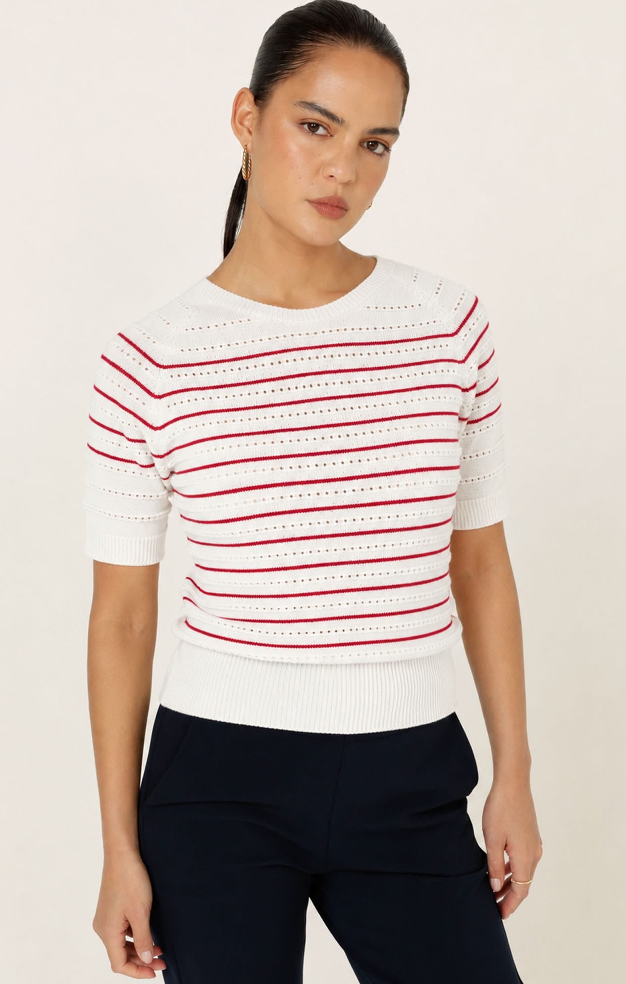 Knitwear EYELET STRIPE KNIT TOP IN WHITE AND RED
