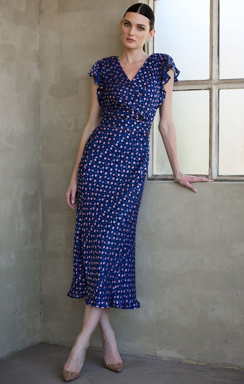 Dresses FLEUR DE LYS MIDI DRESS IN INDIGO PINK POPPY