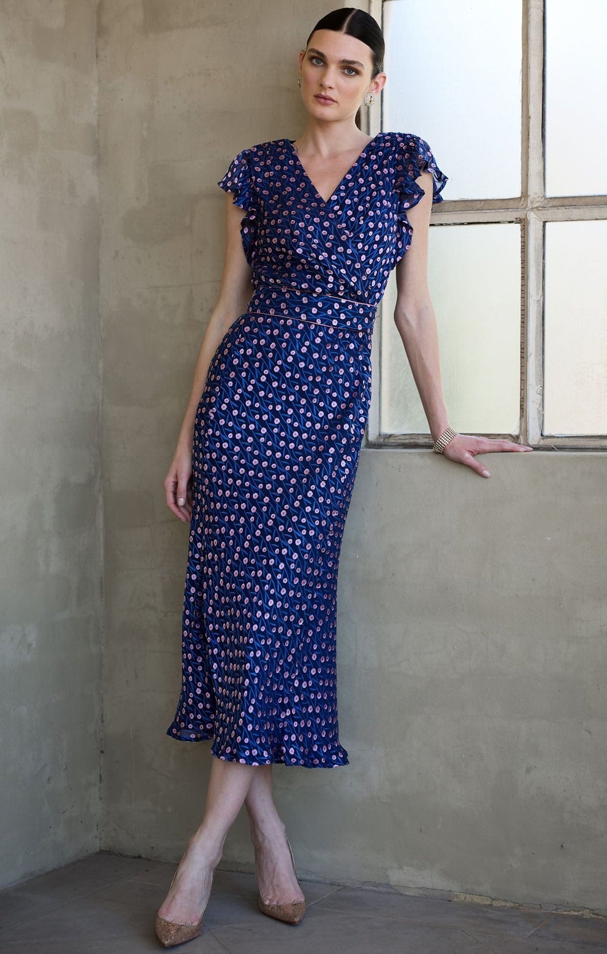 Dresses FLEUR DE LYS MIDI DRESS IN INDIGO PINK POPPY