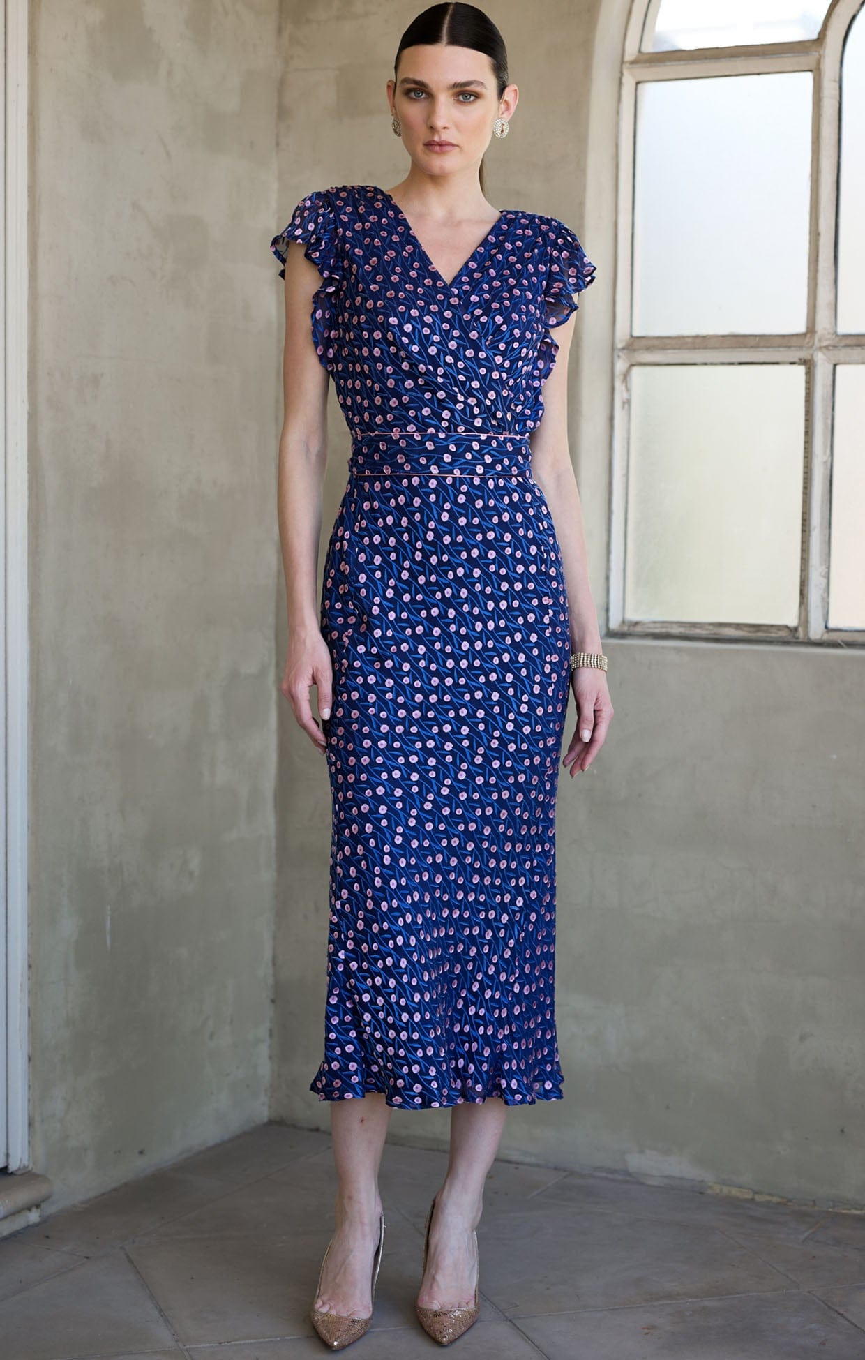 Dresses FLEUR DE LYS MIDI DRESS IN INDIGO PINK POPPY