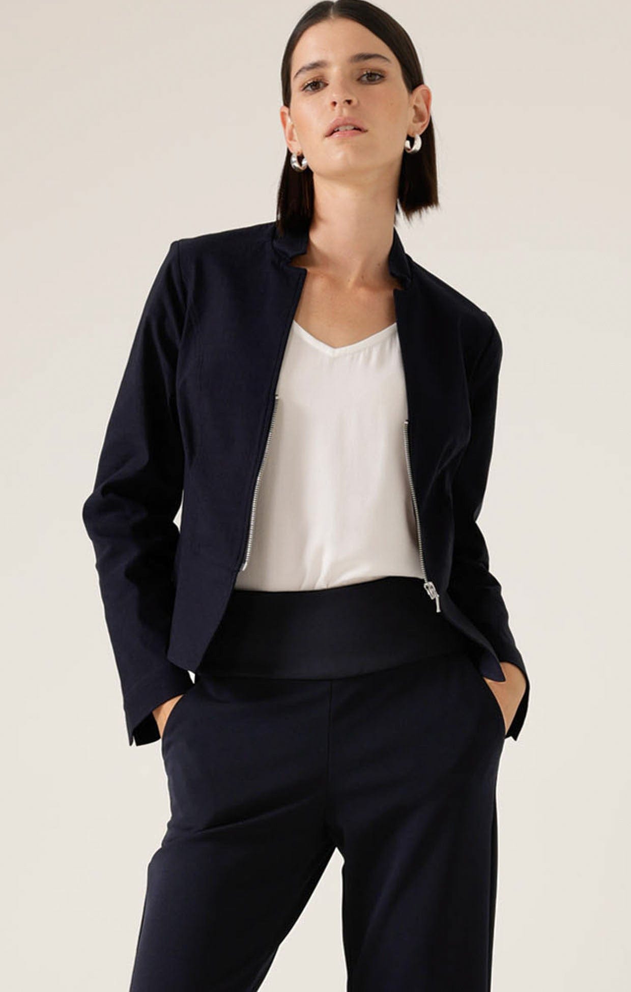 Jackets Multi Occasion FRONT ZIP PEPLUM JACKET IN NAVY