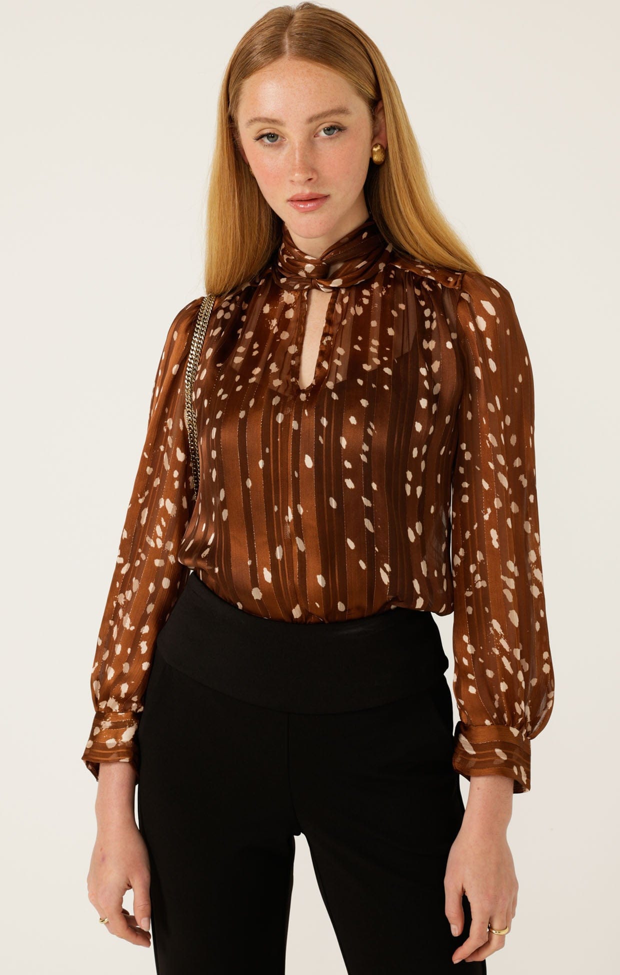 Hazel Tie Front Chiffon Blouse in Mocha Cream Spot - SACHA DRAKE
