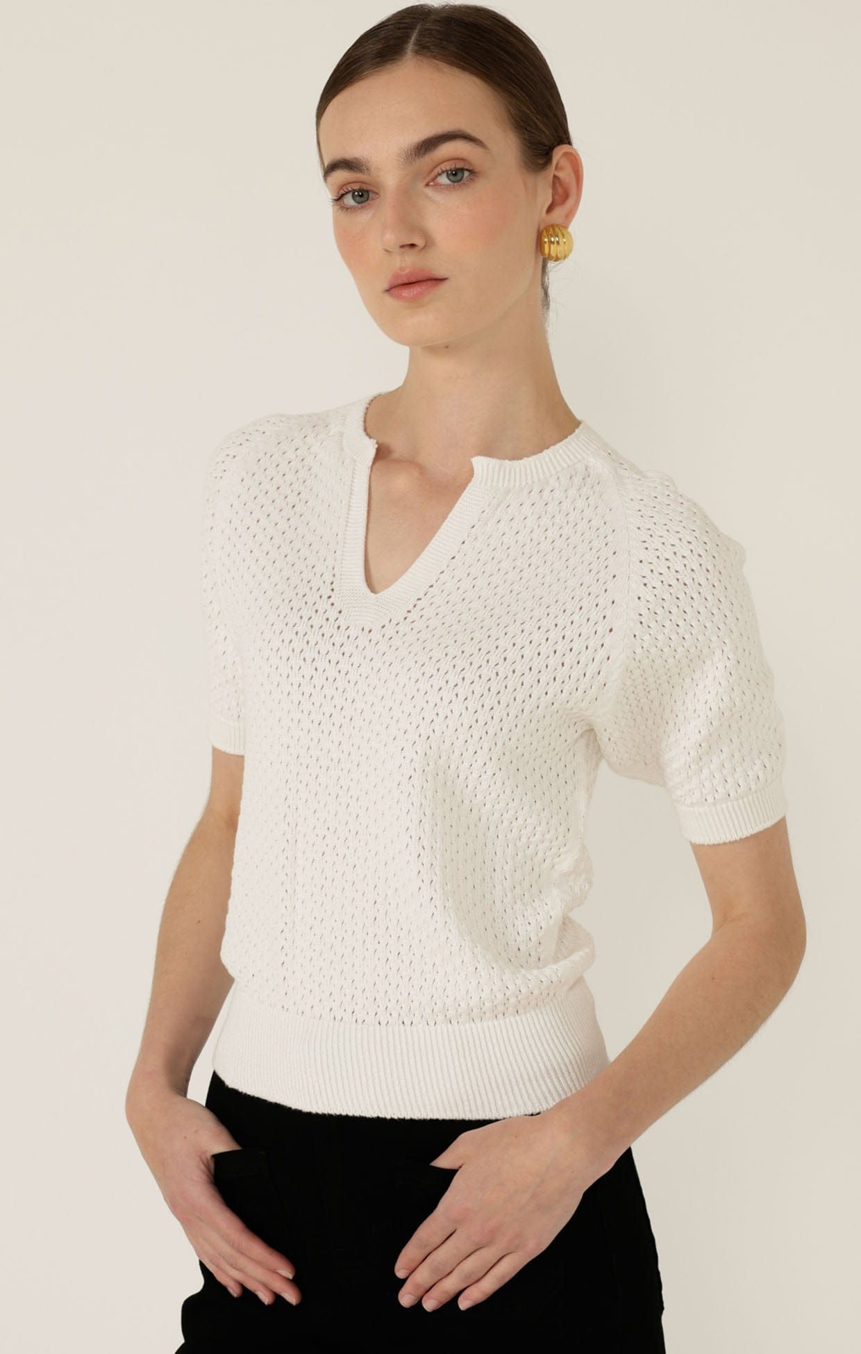 Henley Wavelet Knit Top in Ivory | Stretchy Cotton V-neck Knit Top