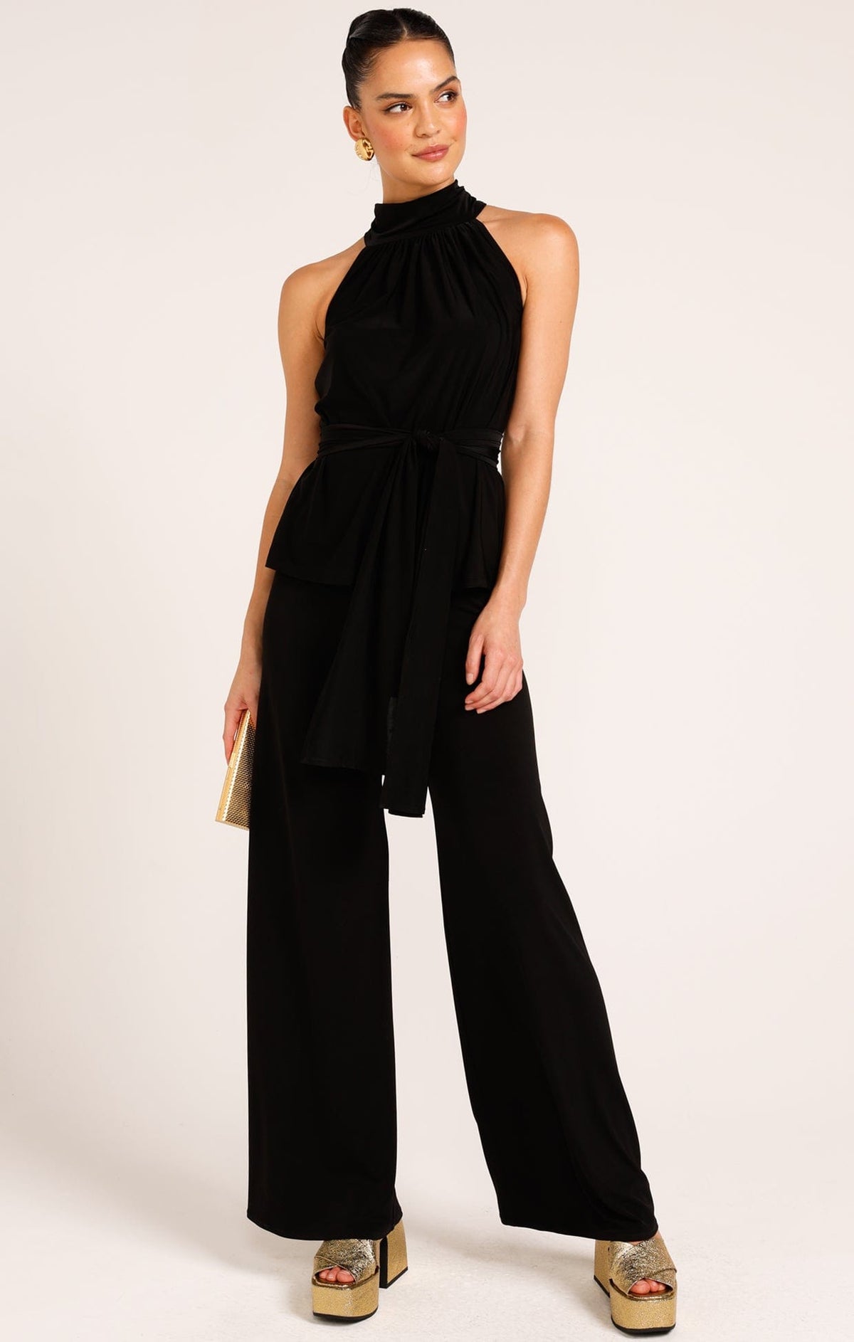Tops Multi Occasion HIGH NECK TIE TOP IN BLACK