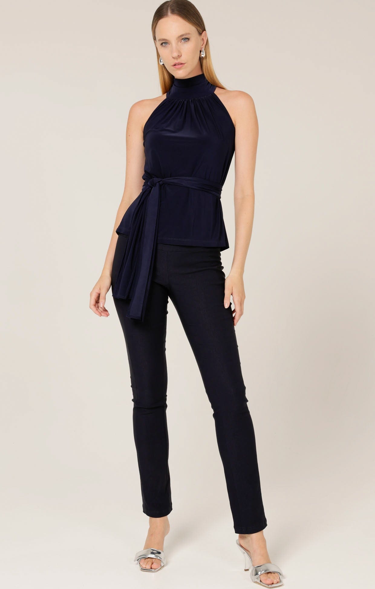 Tops Multi Occasion HIGH NECK TIE TOP IN NAVY