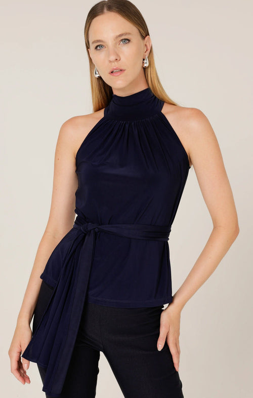 Tops Multi Occasion HIGH NECK TIE TOP IN NAVY