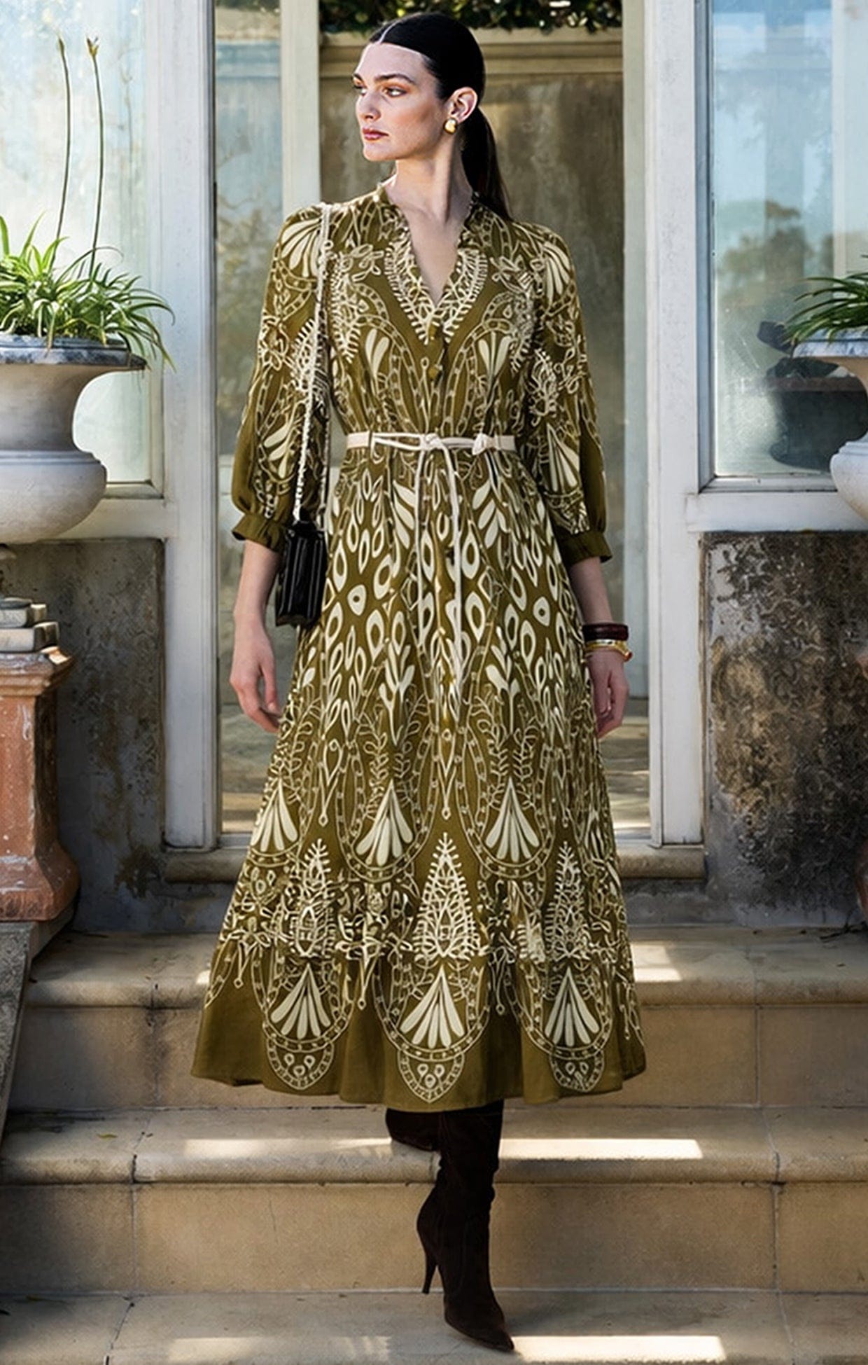 Indie Shirtmaker Dress in Olive Cream | SACHA DRAKE | Printed Midi Weekend  Dress