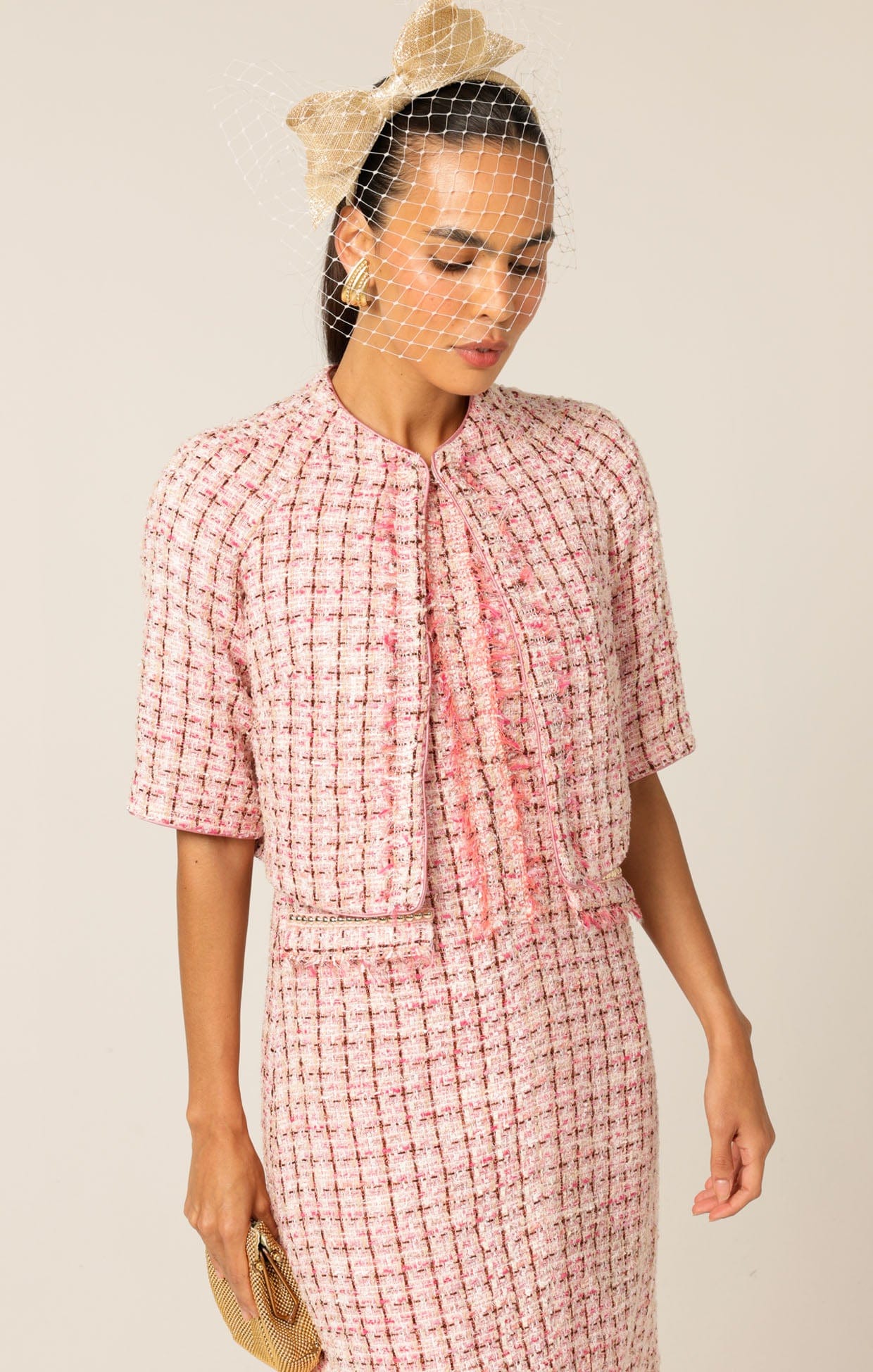 La Rose Pink Tweed Crop Jacket SACHA DRAKE