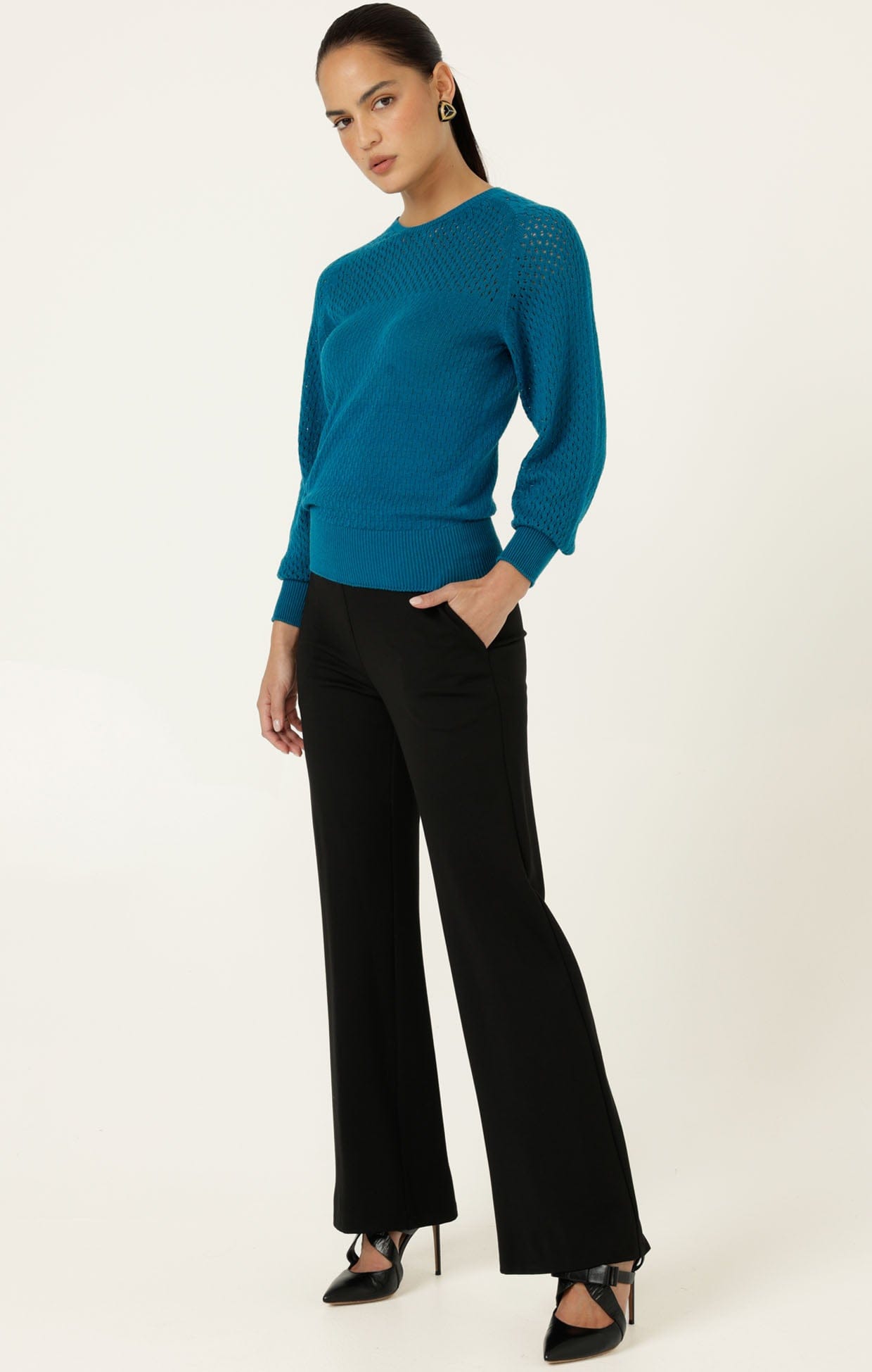 Knitwear LONG SLEEVE RIPPLE KNIT TOP IN CERULEAN BLUE