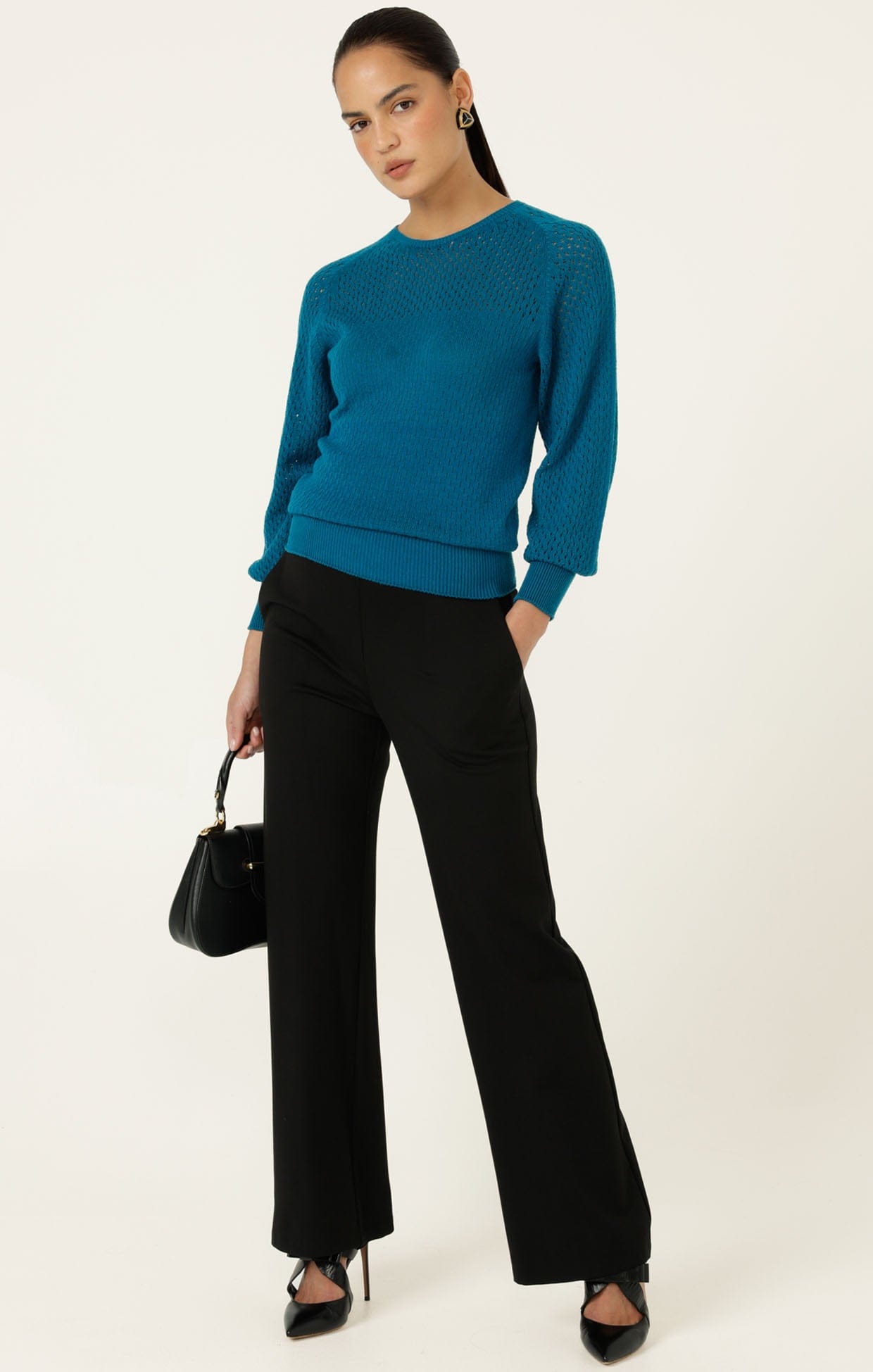 Knitwear LONG SLEEVE RIPPLE KNIT TOP IN CERULEAN BLUE