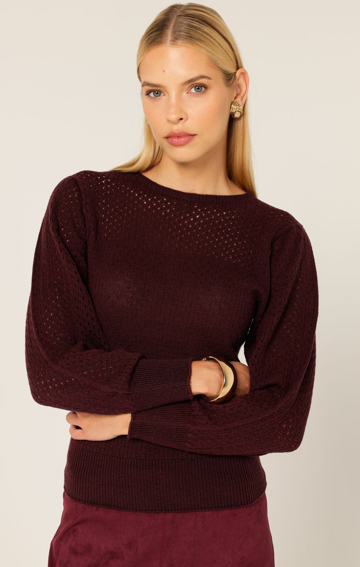 Knitwear LONG SLEEVE RIPPLE KNIT TOP IN BLACK CHERRY