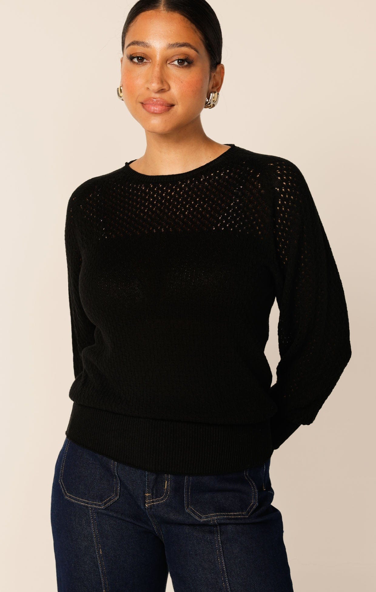 Knitwear LONG SLEEVE RIPPLE KNIT TOP IN BLACK